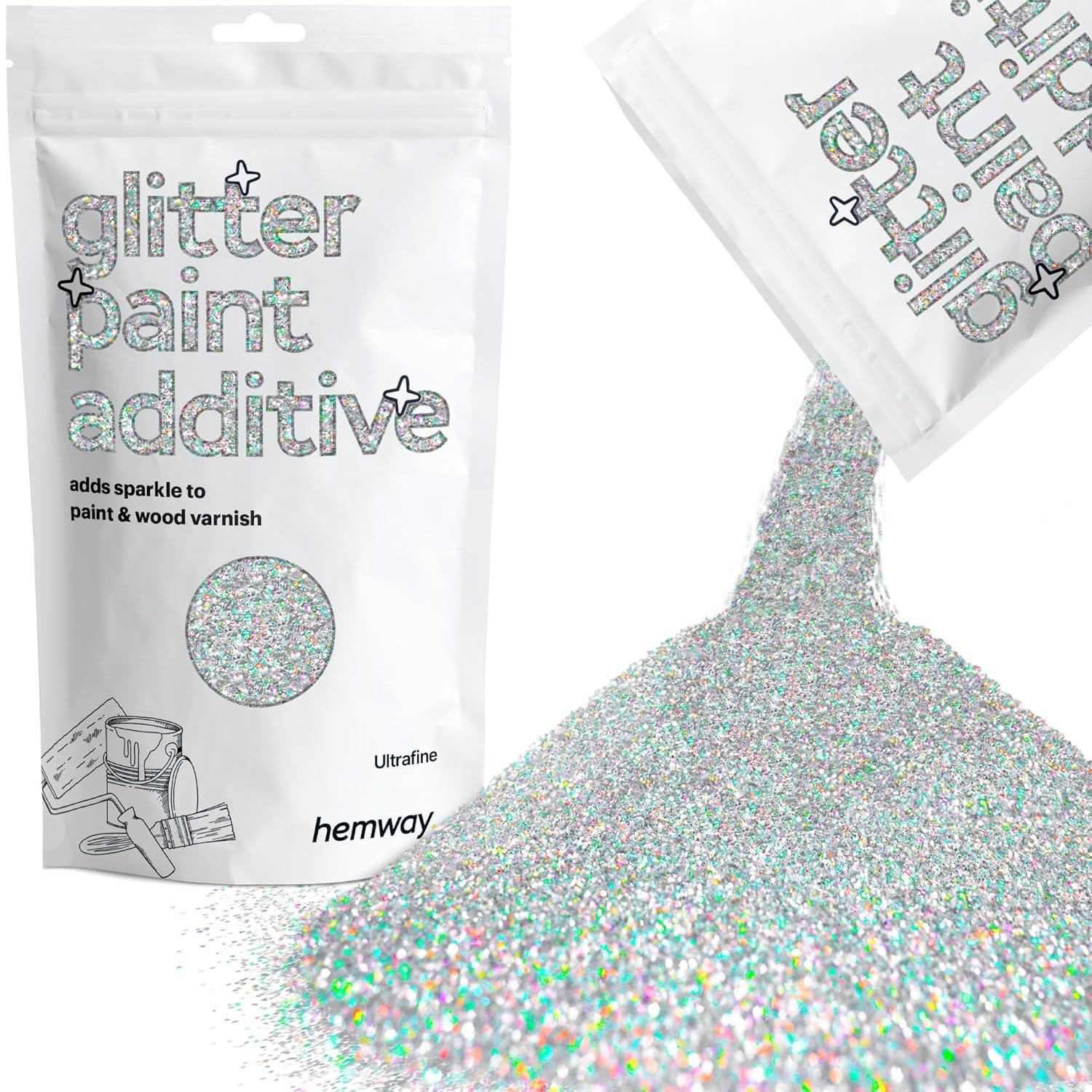 Hemway Glitter Paint Additive Crystals for Acrylic Emulsion Paint, Interior & Exterior Walls, Wood, Varnish, Matt, Gloss, Furniture 100g / 3.5oz - Ultrafine (1/128" 0.008" 0.2mm) - Silver