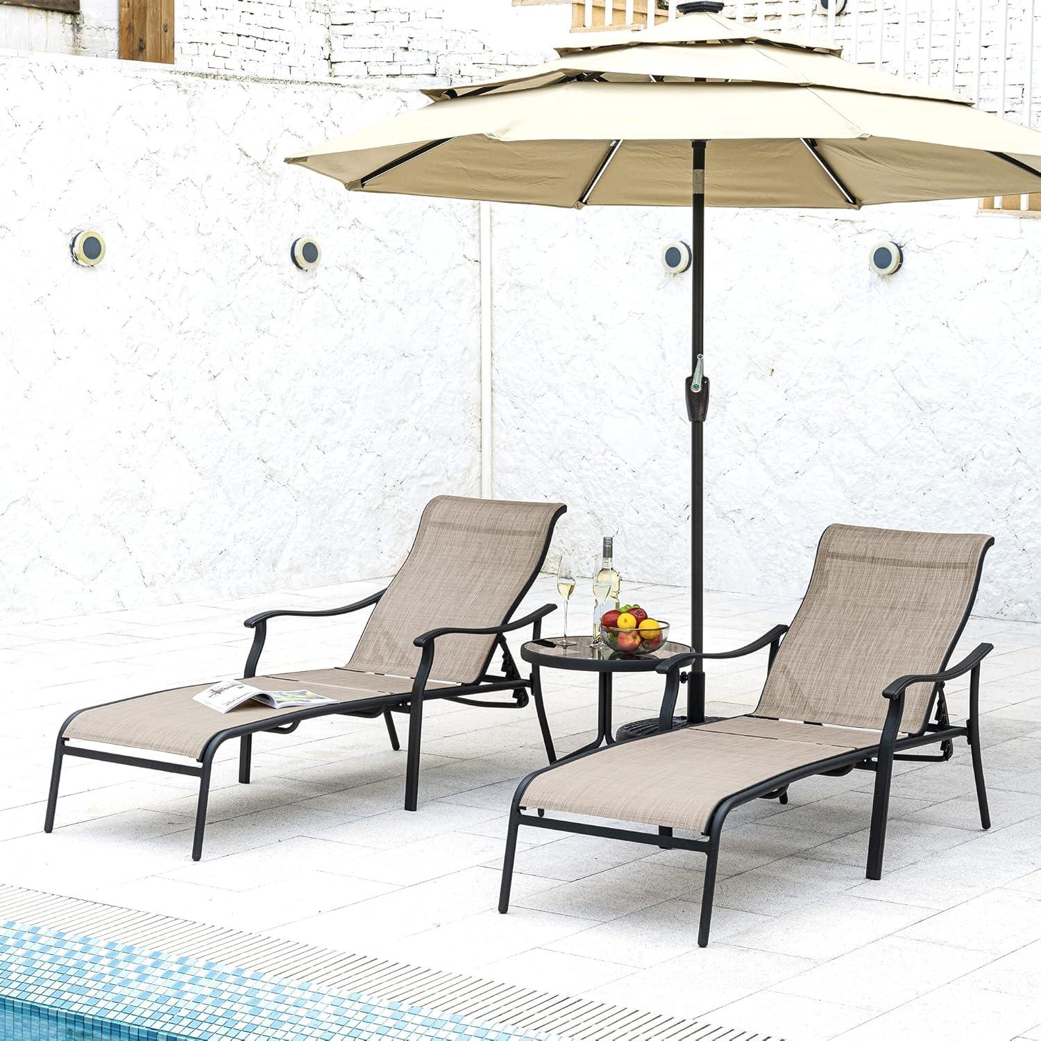 HAPPATIO Patio Chaise Lounge Set 3 Pieces,Patio Lounge Chair with Glass Coffee Table,Pool Lounge Chair with Breathable Textilene Fabric,Patio Chaise Lounge for Patio Backyard Poolside(Gray)