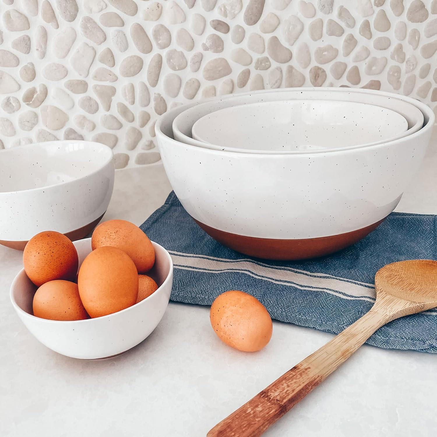 Modern White and Terracotta Ceramic Nesting Bowls Set