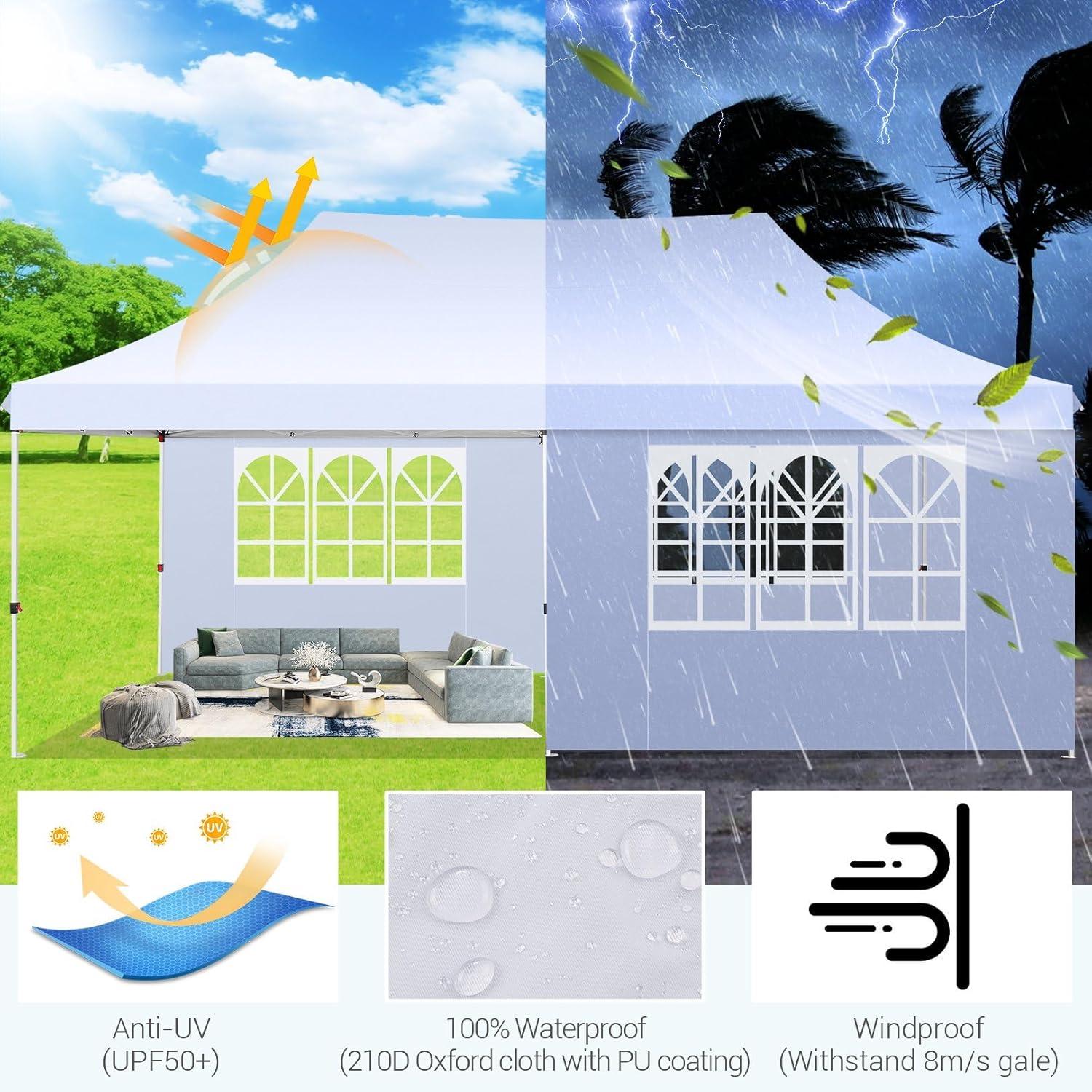 COBIZI 10x20 Pop Up Canopy with 6 Sidewalls,Waterproof Instant Party Tents for Weddings & Parties, Easy Up Commercial Canopy Tent,UPF 50+ UV Protection, 3-Height Adjustable Frame & 4 Sandbags White