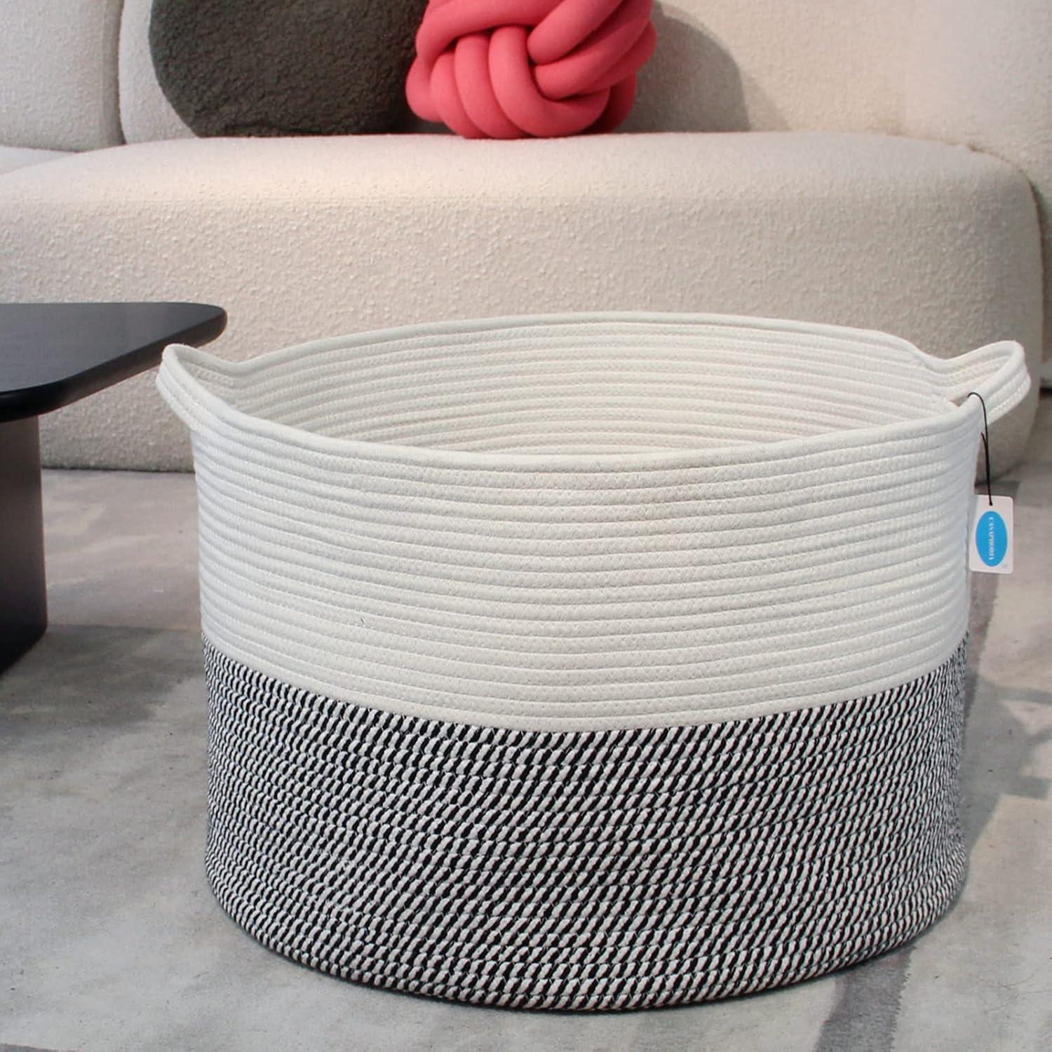 Casaphoria XXXLarge Cotton Rope Basket for Living Room - Woven Storage Basket with Handle for Blankets, Towels and Pillows Laundry Hamper | White & Grey (21.7" x 21.7" x 13.8")