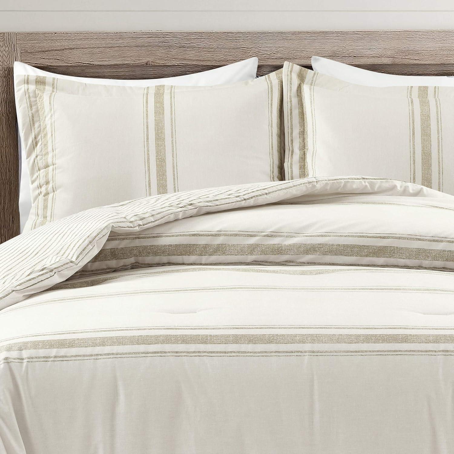 Lush Decor Farmhouse Stripe Cotton Reversible Comforter, Full/Queen, Neutral, 3-Pc Set