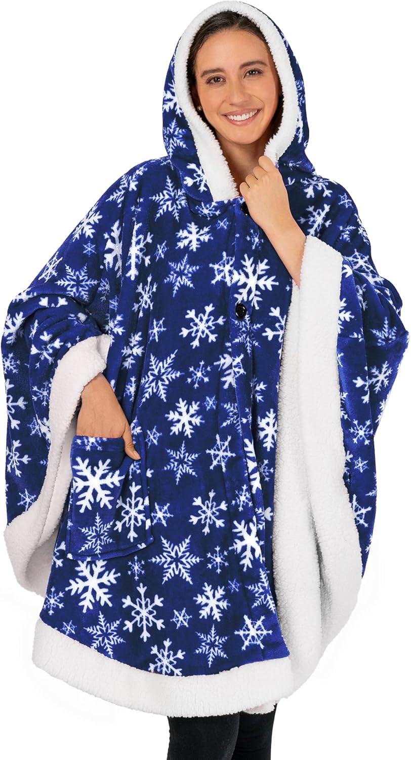 PAVILIA Angel Wrap Hooded Blanket for Women Adult, Wearable Cozy Wrap Throw Fleece Shawl Cape, Snowflake Blue/Faux Shearling