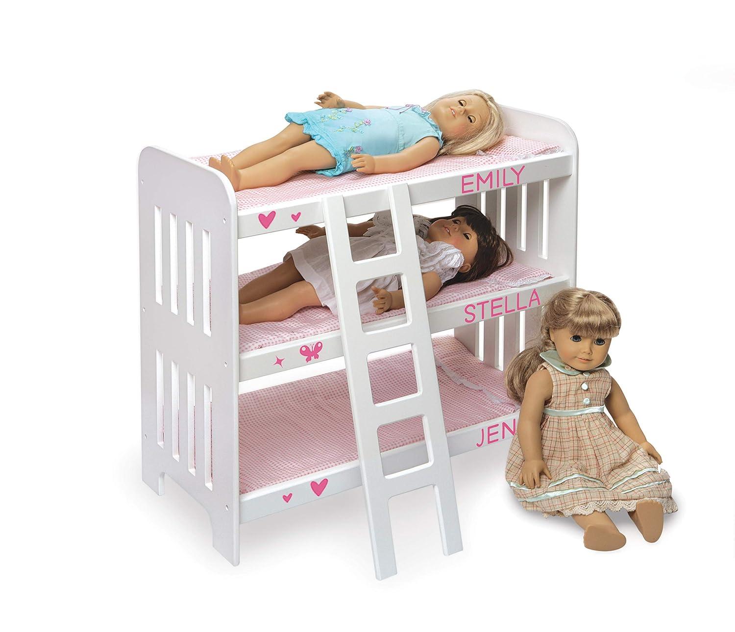 Badger Basket Triple Doll Bunk Bed with Ladder, Bedding, and Free Personalization Kit - Pink Gingham