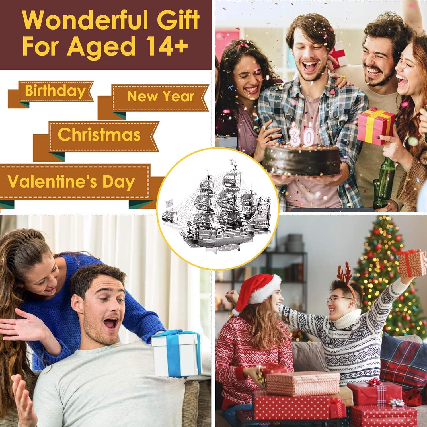 Piececool 3D Puzzle for Adults Metal Pirate Ship Model Kits, The Queen Anne's Revenge Flying Dutchman Ship Models Building Kits 3D Puzzle Toy, Great Birthday Gift -63Pcs