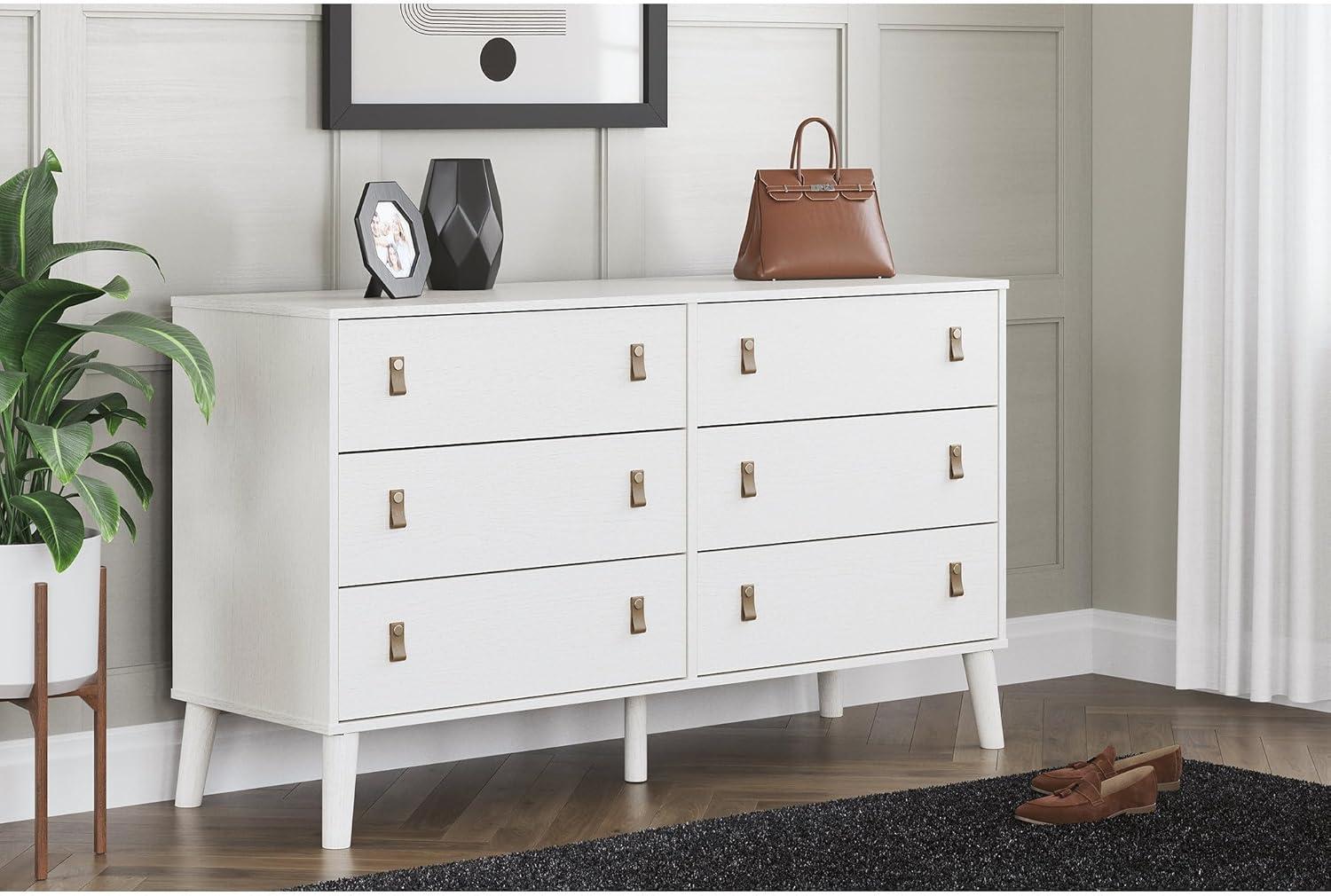 White Contemporary 6-Drawer Dresser with Faux Leather Pulls