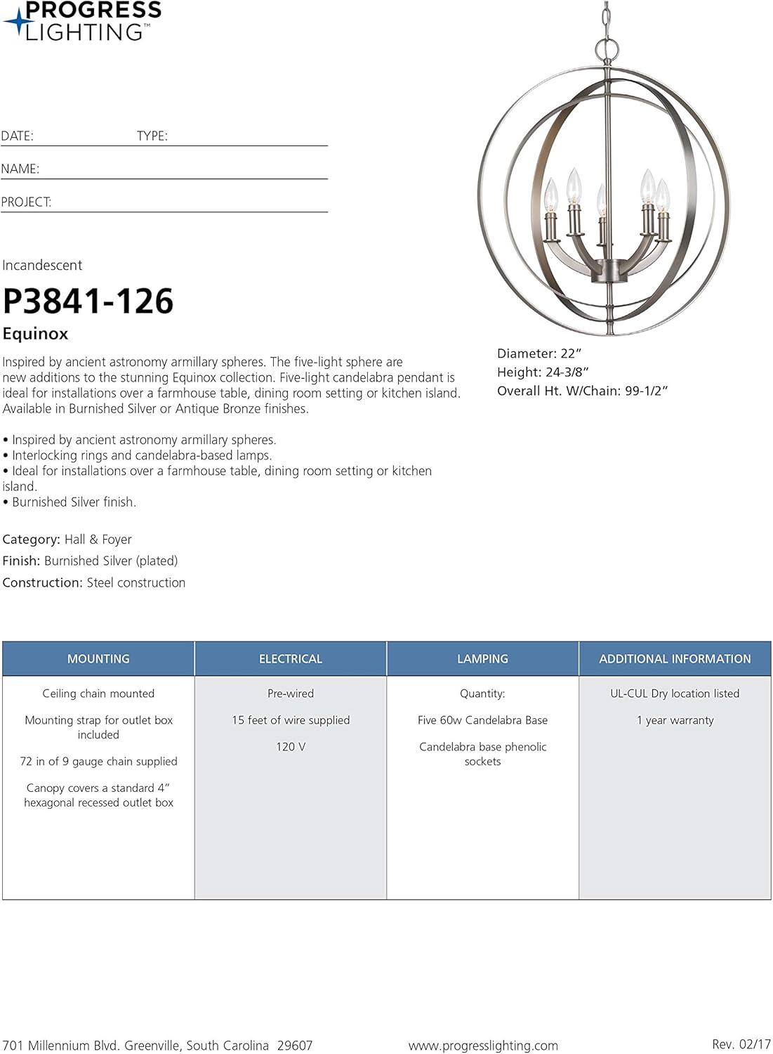 Progress Lighting Equinox 5-Light Chandelier Pendant, Steel, Polished Nickel, No Shade