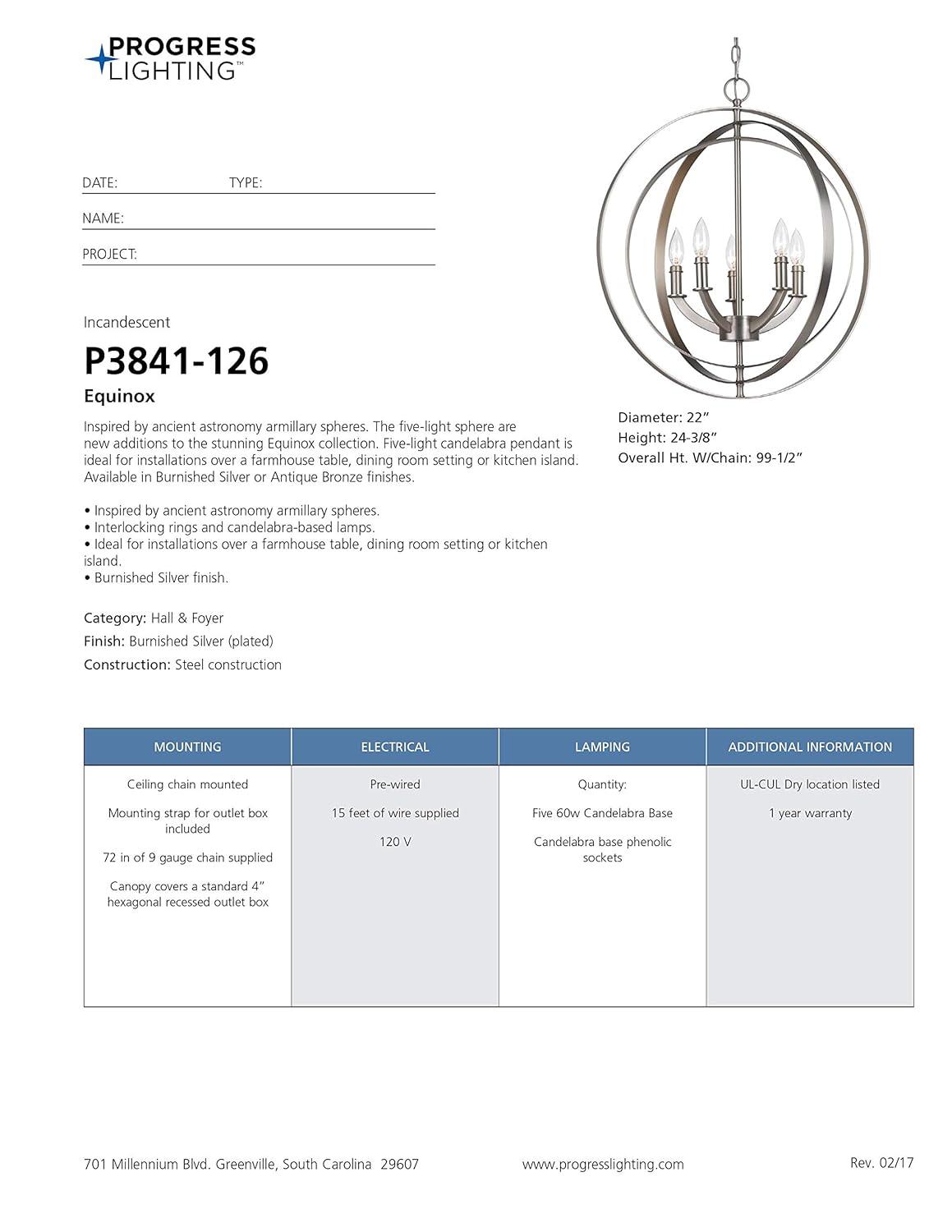 Progress Lighting Equinox 5-Light Chandelier Pendant, Steel, Polished Nickel, No Shade