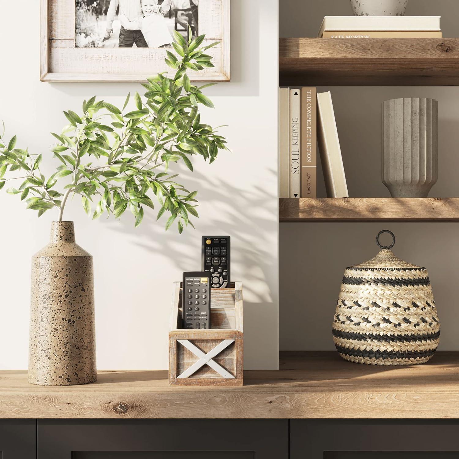 Barnyard Designs Rustic Vintage Wooden Desk Organizer Remotes Caddy Tabletop Desktop Office Supplies Desk Accessories Holder, 6.75" x 6.5” (White/Brown)