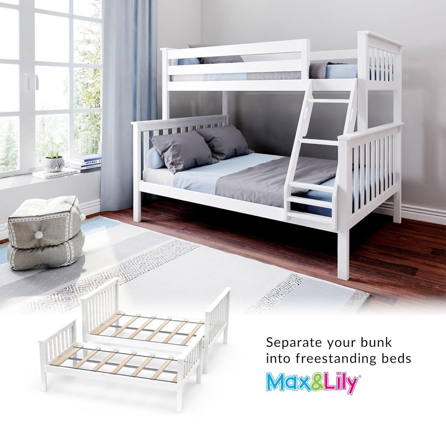 Max & Lily Bunk Bed Twin over Full Size, Solid Wood Bunk Beds with Ladder for Kids