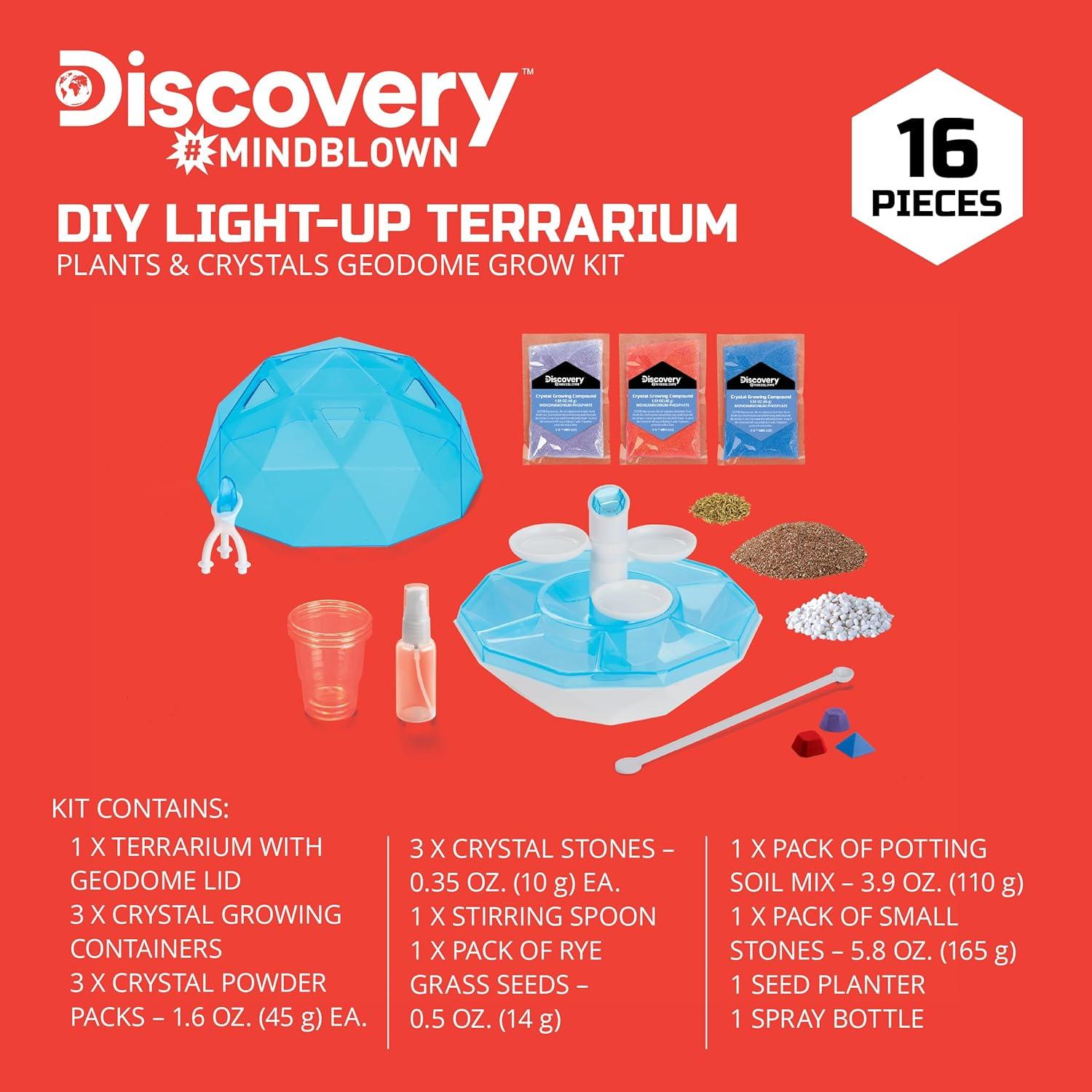 Discovery™ #Mindblown DIY Light-Up LED Terrarium - Plants & Crystals Geodome Grow Kit, 3 Colorful Crystal Formations, Rye Grass, Education STEM Activity Set, Indoor Science Experiment, Chemistry Gift