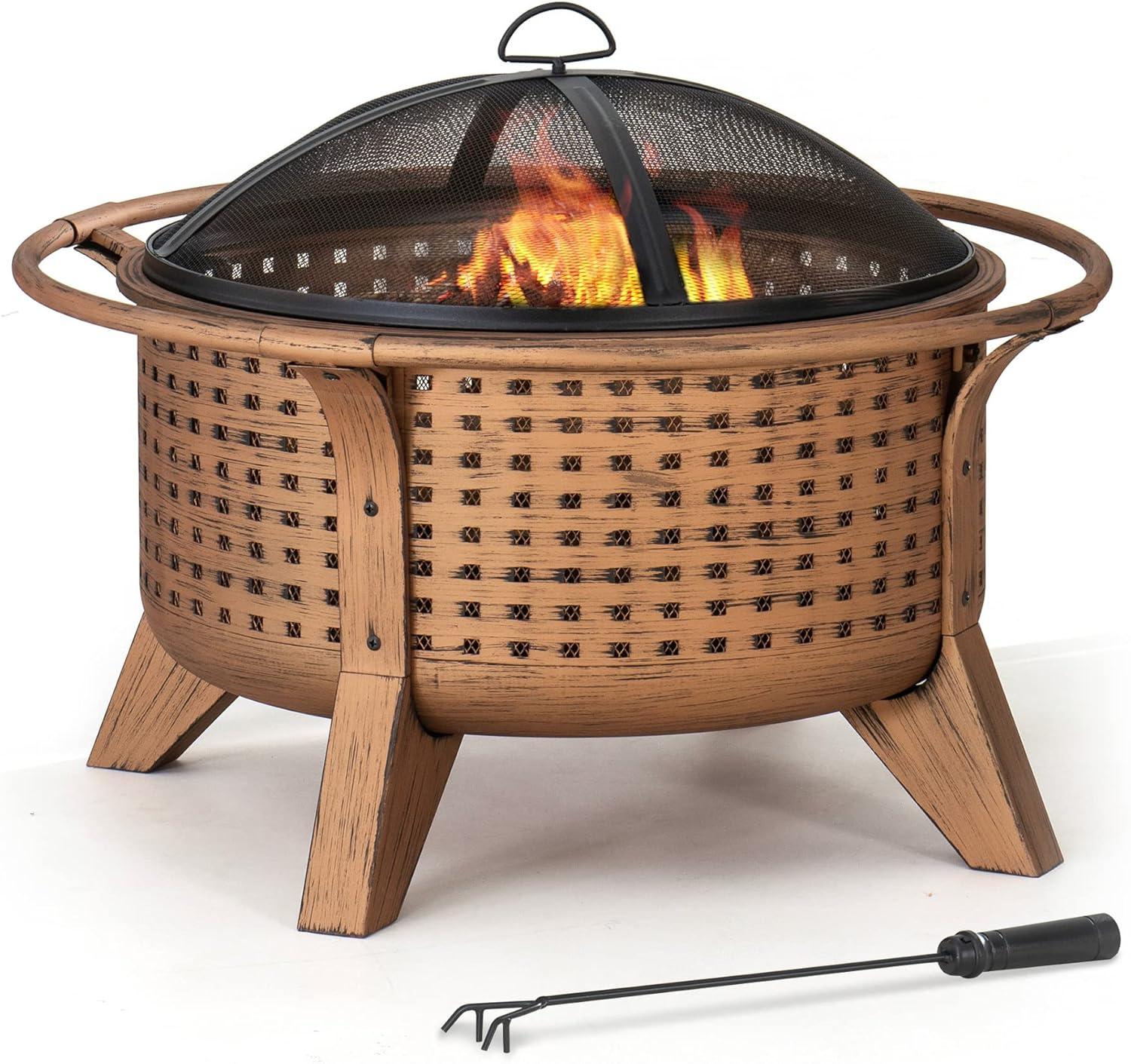 SUNJOY Fire Pit 30 Inch Outdoor Wood-Burning Fire Pit, Patio Woven Round Steel Firepit Large Fire Pits for Outside with Spark Screen and Poker