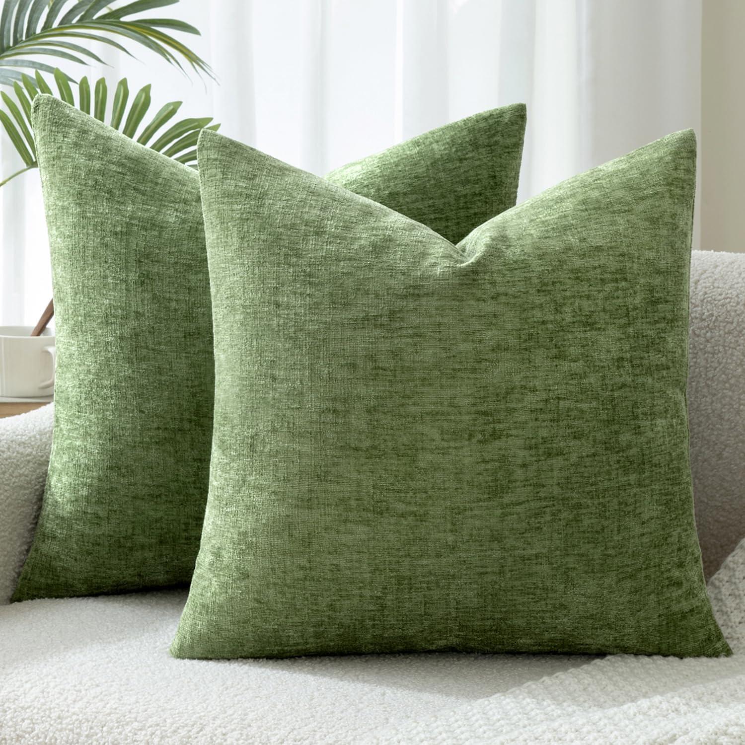 Xukmct 2 Pack Linen Square Pillow Cover with Zipper, Solid Color Decorative Cushion Case for Couch Patio Sofa, 18 x 18 inch, Green