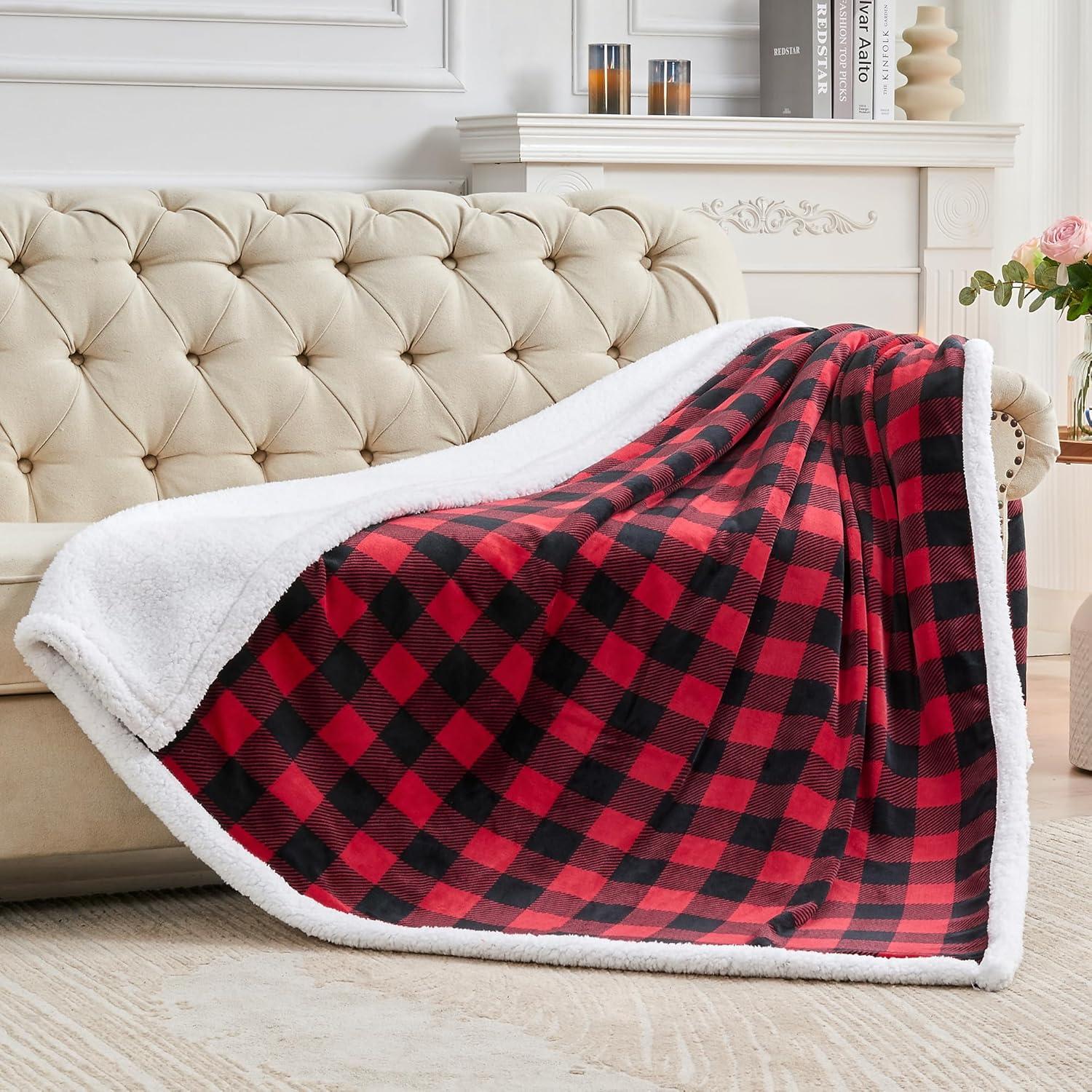 Fleece Throw Blanket for Couch Sofa Bed, Buffalo Plaid Decor Red and Black Checkered Blanket, Cozy Fuzzy Soft Lightweight Warm Blankets for Winter and Spring