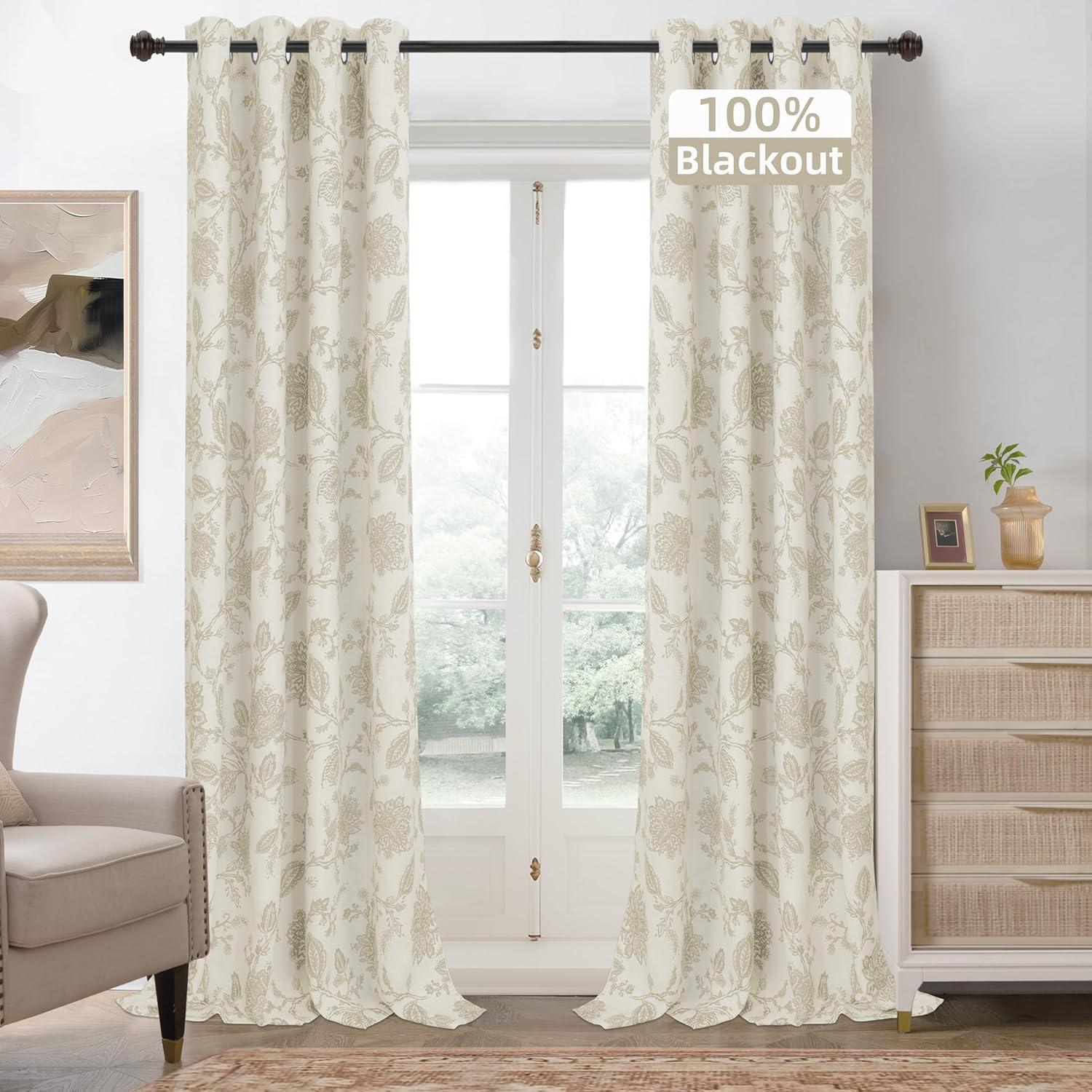 DriftAway Freda Jacobean Floral Linen Blend Lined Thermal Insulated Room Darkening Blackout Grommet Window Curtains 2 Layers 2 Panels Each 52 Inch by 63 Inch Taupe Beige