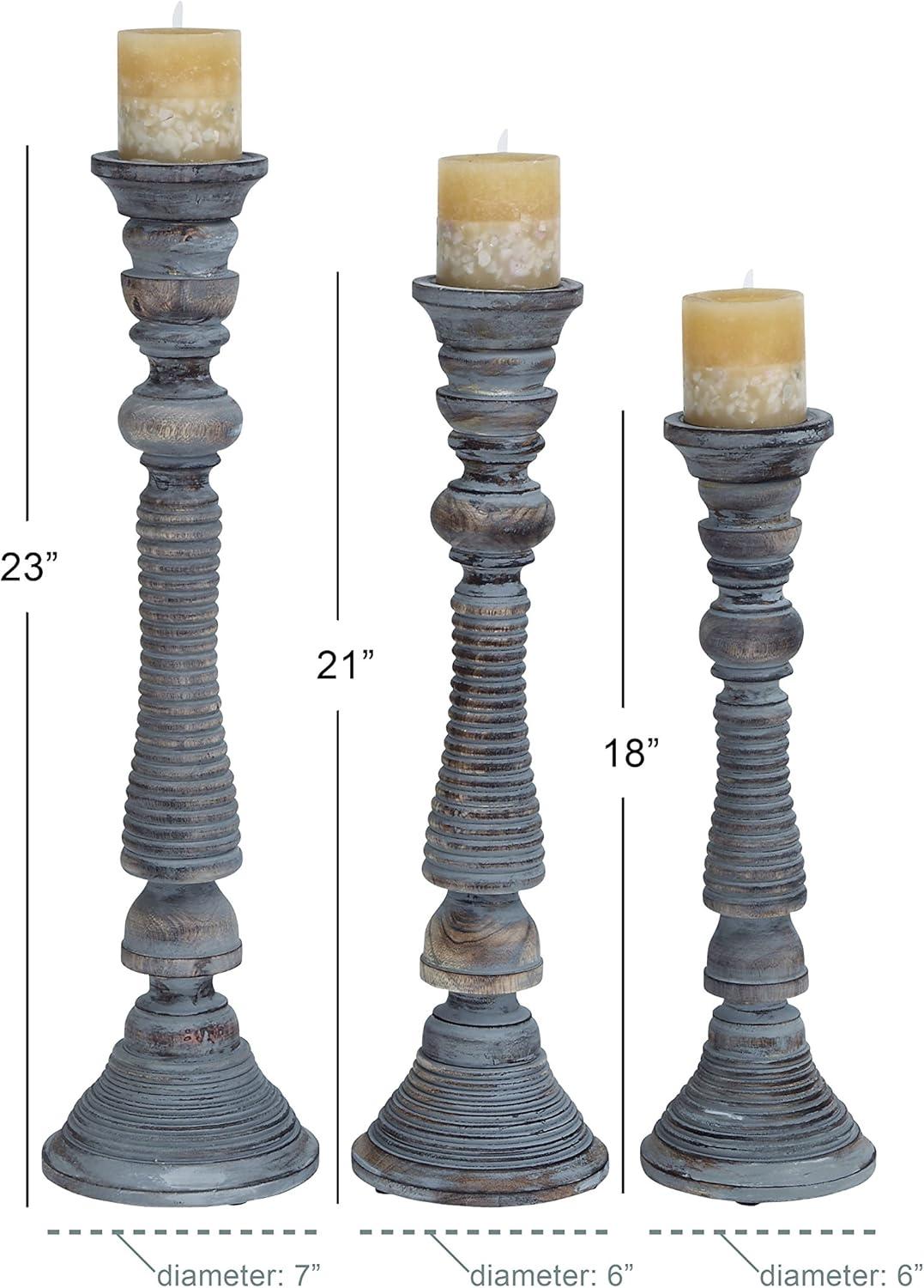 Mocha Brown Mango Wood Candlestick Trio with Gray Wash