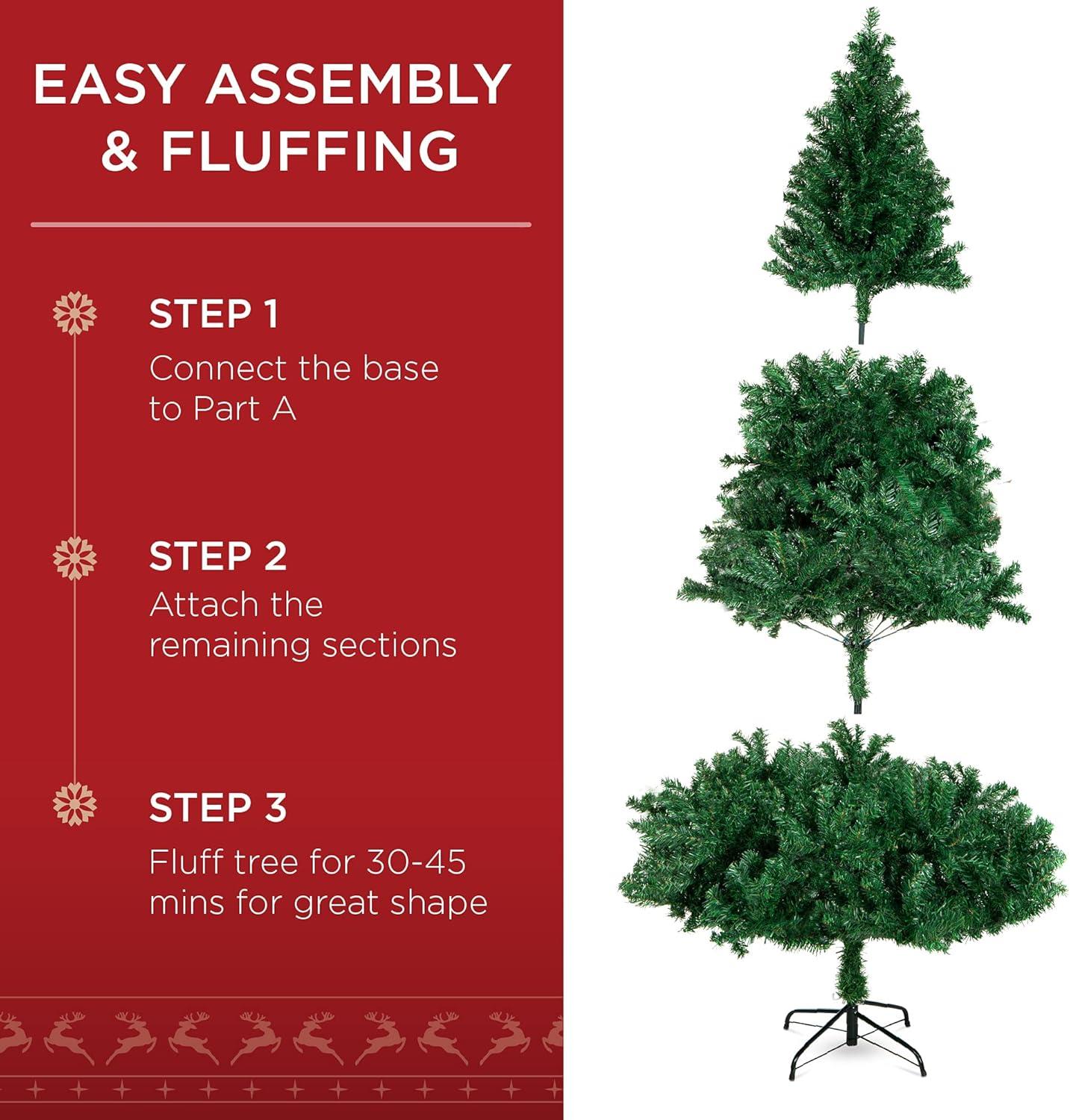 Best Choice Products 6ft Pre-Lit Premium Hinged Artificial Christmas Pine Tree w/ 1,000 Tips, 250 Lights, Metal Base