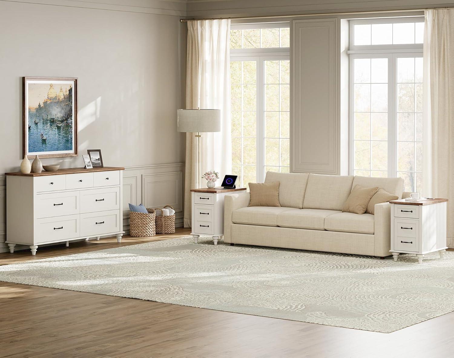 WAMPAT 2 Pack End Tables with Charging Station, Farmhouse Side Table with Drawer & Storage Cabinet, White Nightstand with Power Outlets & USB Ports for Living Room, Bedroom