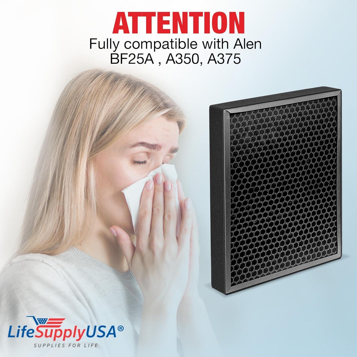 LifeSupplyUSA True HEPA Filter Replacement Compatible with Alen BF25A HEPA-Pure HEPA-Fresh A350, A375 Air Purifier