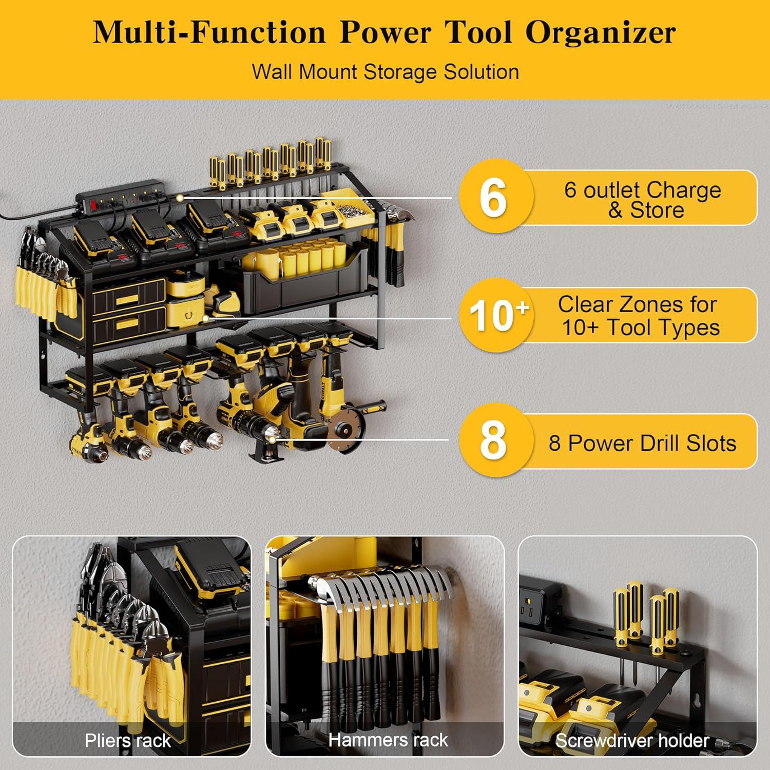 Spampur Power Tool Organizer Wall Mount with Charging Station, Garage Tool Shelf 6 Drill Holders, Tool Battery Holder with Plier holder Heavy Duty Rack, Tool Storage Rack with 4 Outlet Power Strip