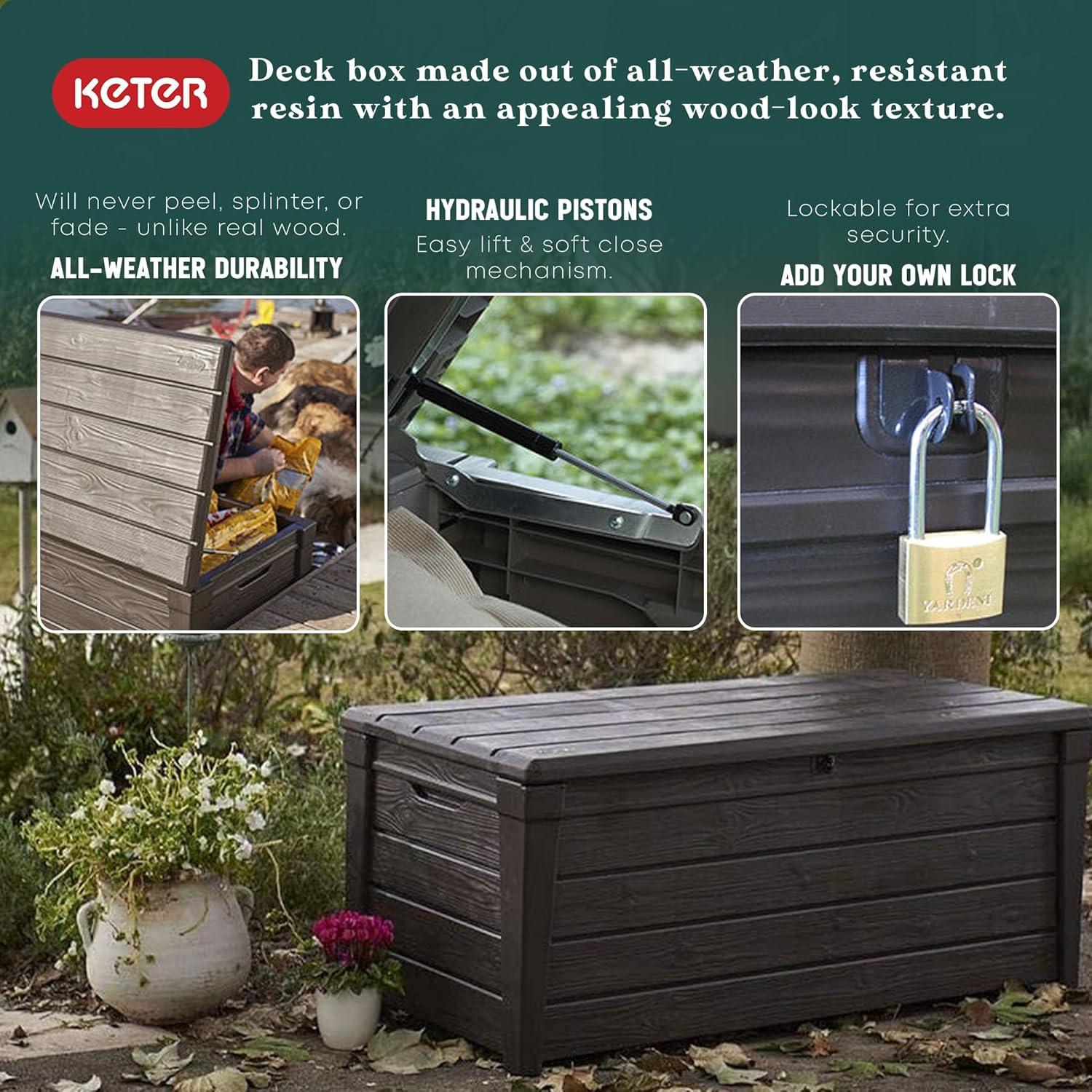 Keter Keter Brightwood 120 Gallon Large Durable Outdoor Storage and Weather Resistant Resin Deck Box