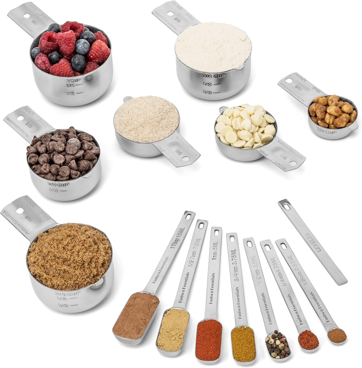 Hudson Essentials Stainless Steel Measuring Cups and Spoons Set - 14-Piece, Durable & Precise