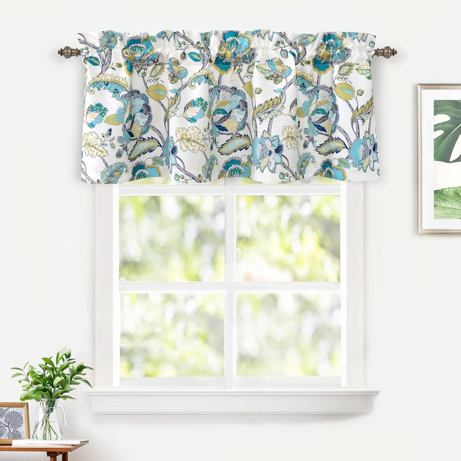 Layla Teal and Ivory Floral Room Darkening Rod Pocket Valance