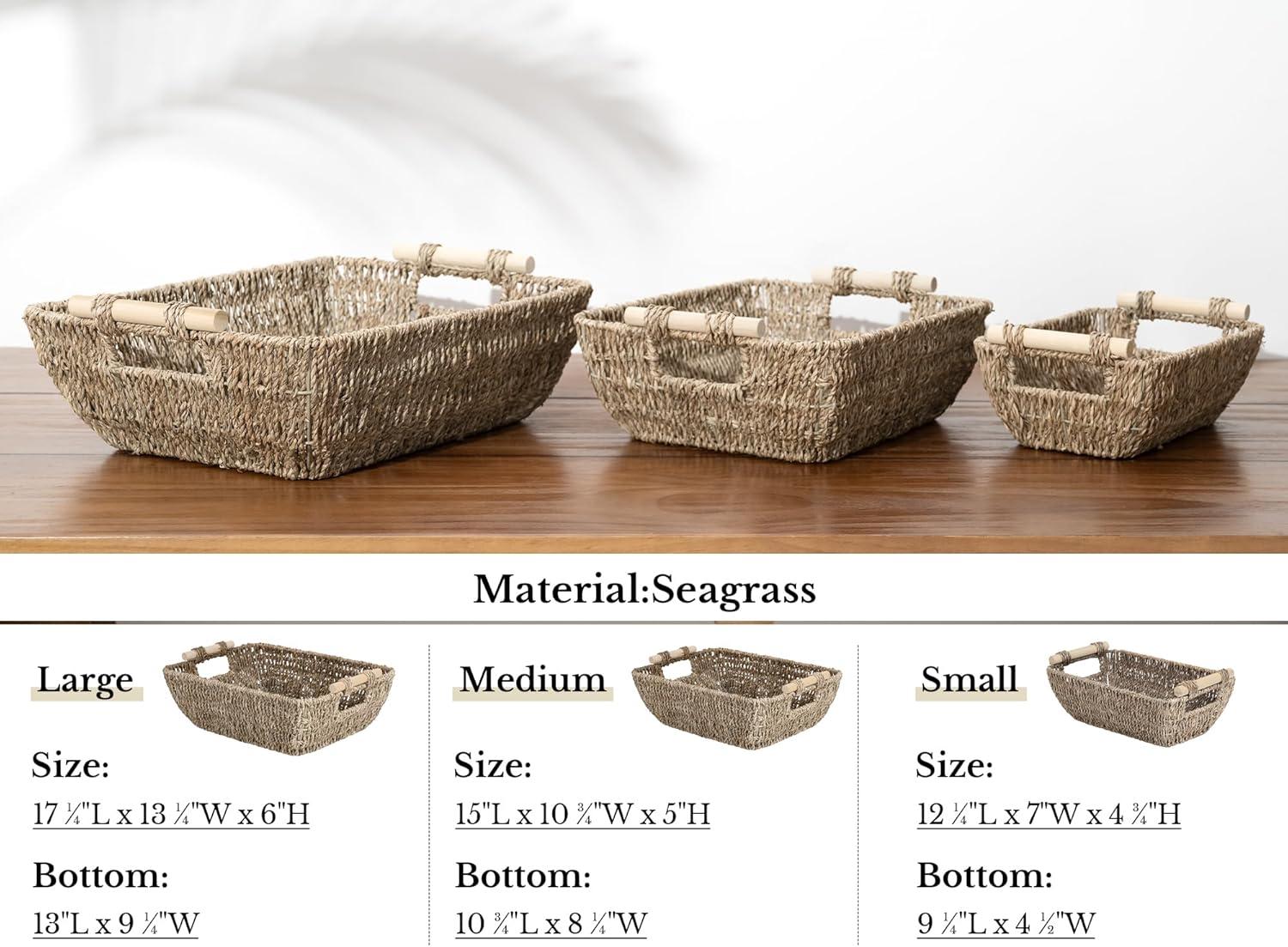 Hand-Woven Natural Seagrass Rectangular Storage Baskets with Wooden Handles