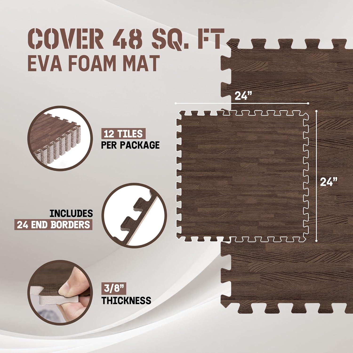 Yes4All 12 pcs Interlocking Exercise Foam Mats, Cover 48 sqft, 3/8 inch, Oak Wood Dark Color