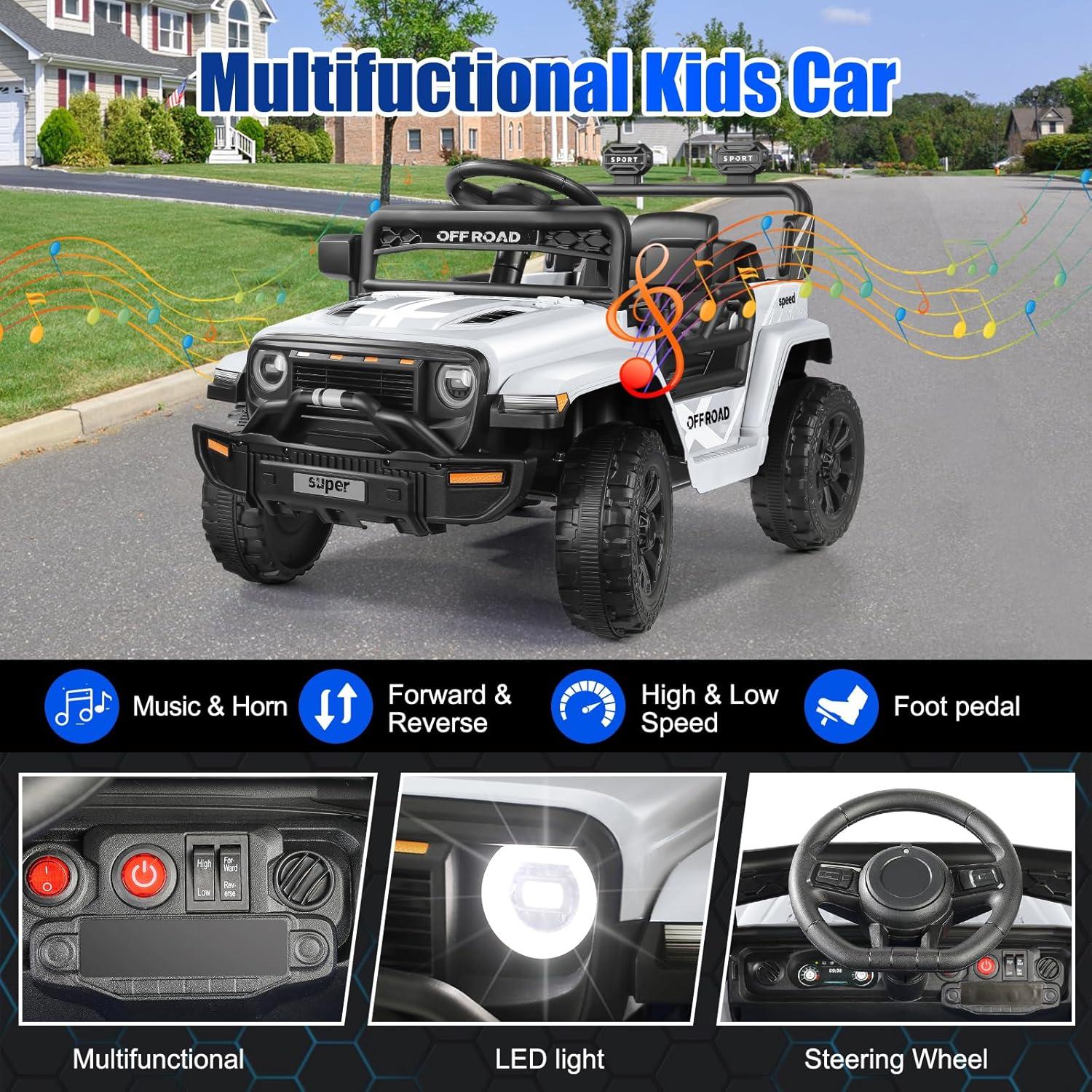 Himimi 12V Ride On Toys For Kids With Remote Control, 1 Seater Kids Electric Car Jeep,LED Lights, Multi-Speed Transmission, MP3 Player