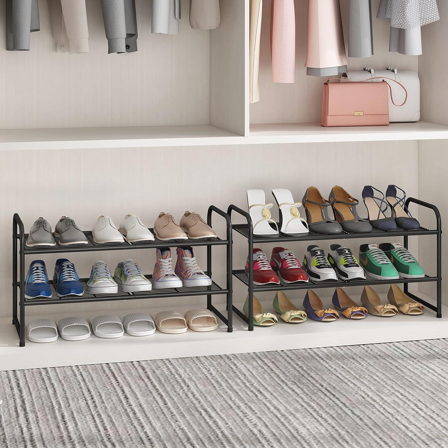 Black Metal 2-Tier Stackable Shoe Rack Organizer