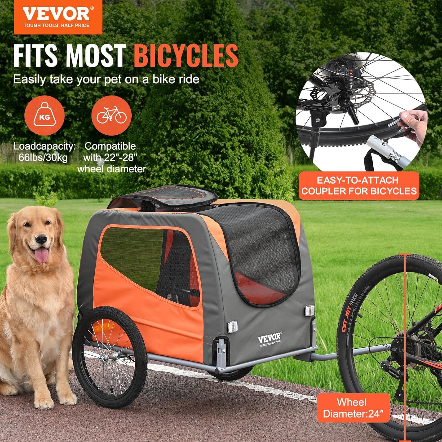 Orange and Gray Folding Dog Bike Trailer with Mesh Windows