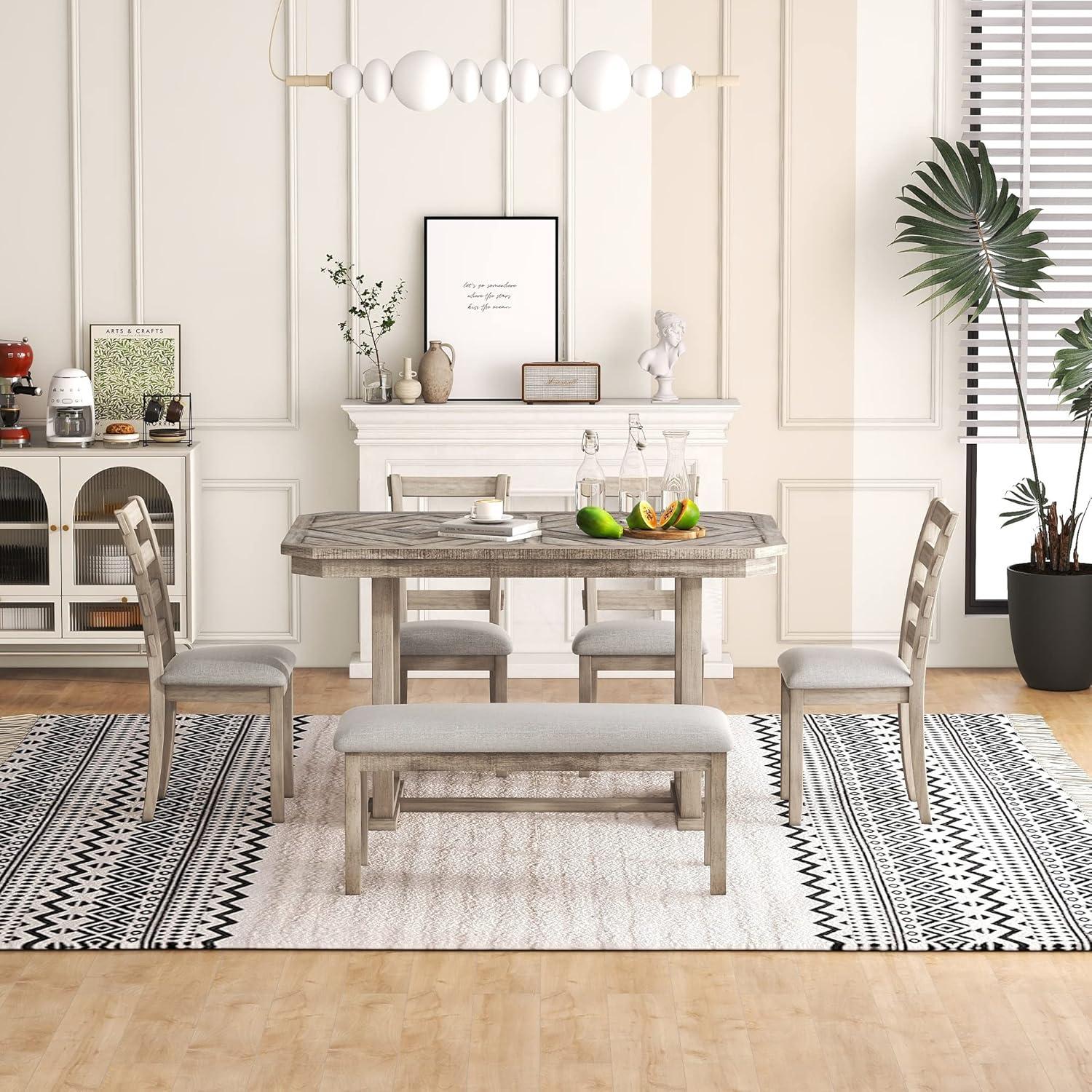 Bellemave Dining Table Set for 6, Rectangular Dining Table with Upholstered Chairs and Bench, 6-Piece Table Set for Dining Room and Kitchen, Retro Dining Room Table Set with Bench, 4 Chairs