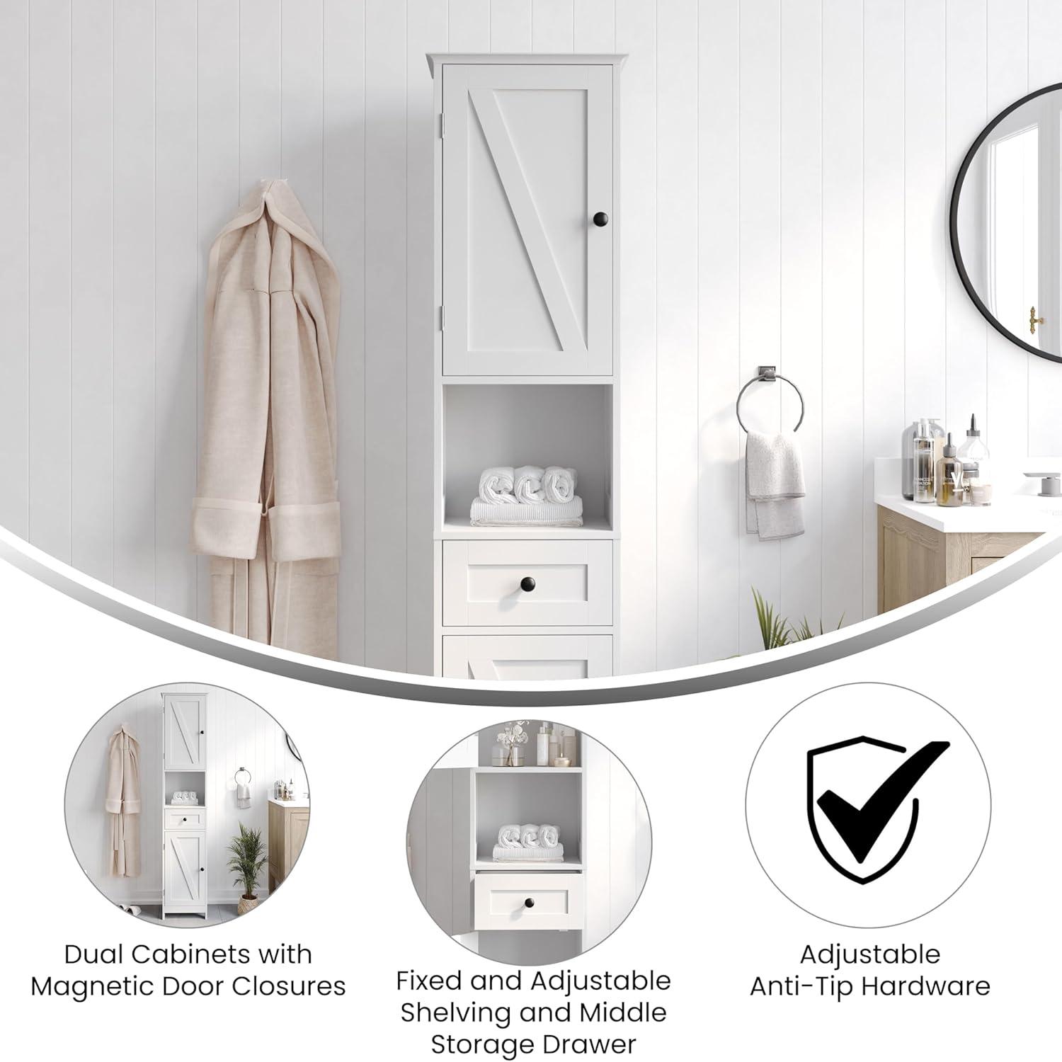 Flash Furniture Dune Freestanding Bathroom Linen Tower Storage Cabinet with Magnetic Close Doors, Adjustable Shelves, Open Display Shelf, and Drawer