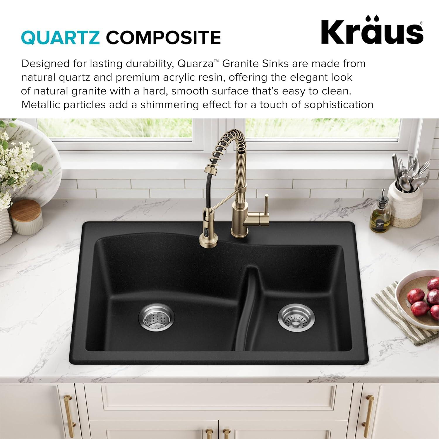 Kraus KRAUS Quarza™ 33" L Dual Mount 60/40 Double Bowl Granite Kitchen Sink KGD-442GREY