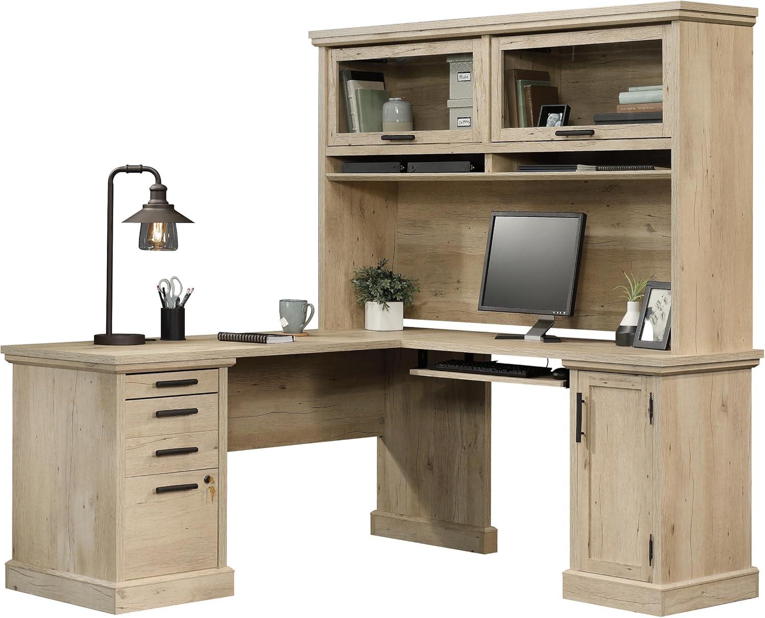 Prime Oak L-Shaped Desk with Hutch and Storage