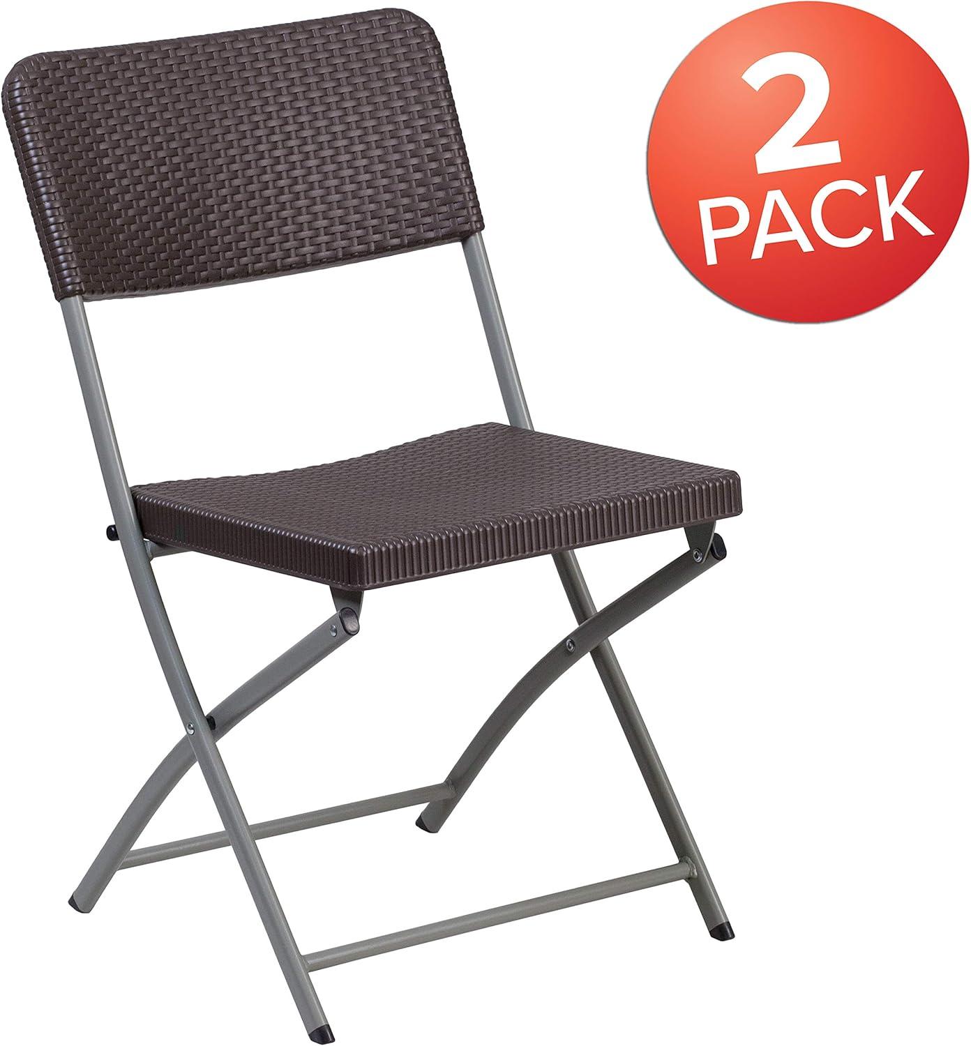 Emma and Oliver 2 Pack Brown Rattan Plastic Indoor-Outdoor Patio Folding Chair