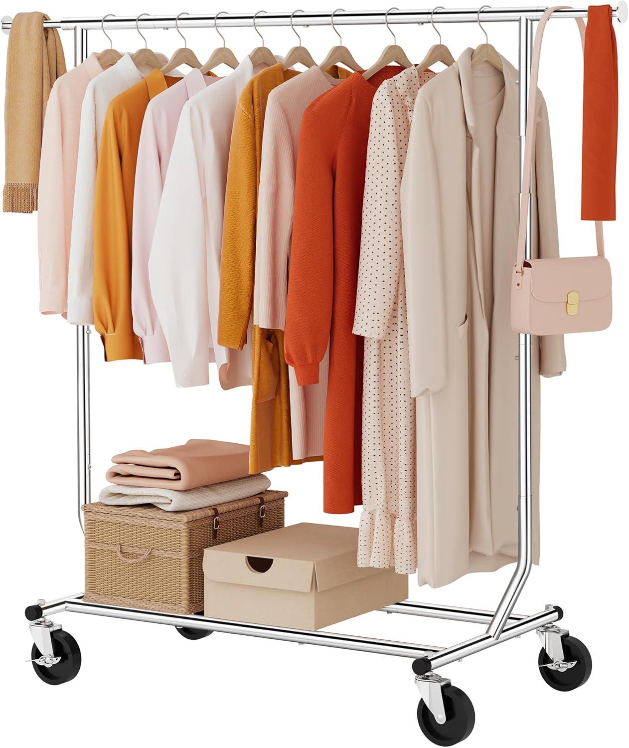 Clothing Rack Heavy Duty Clothes Rack Foldable Garment Rack with Wheels and Extendable Rod,Chrome