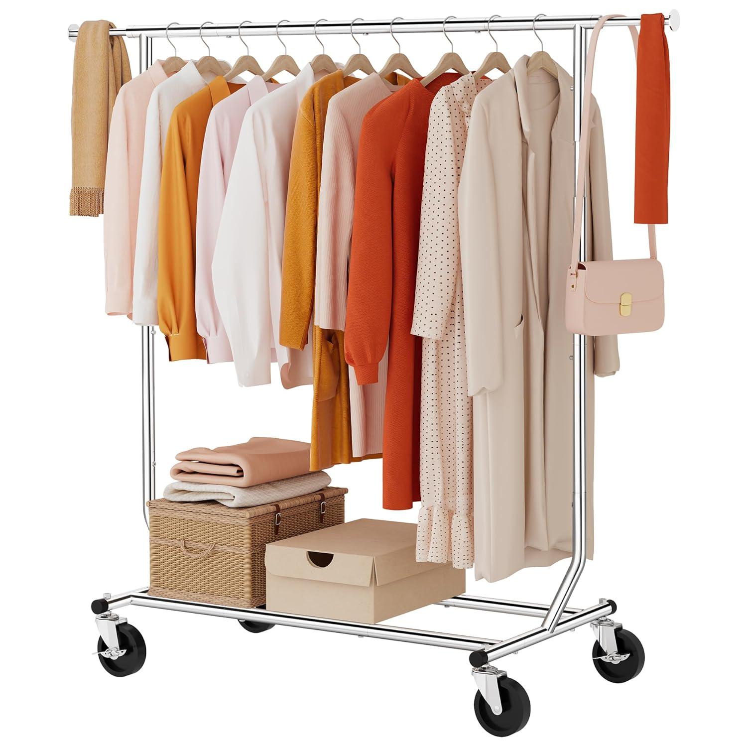 Clothing Rack Heavy Duty Clothes Rack Foldable Garment Rack with Wheels and Extendable Rod,Chrome
