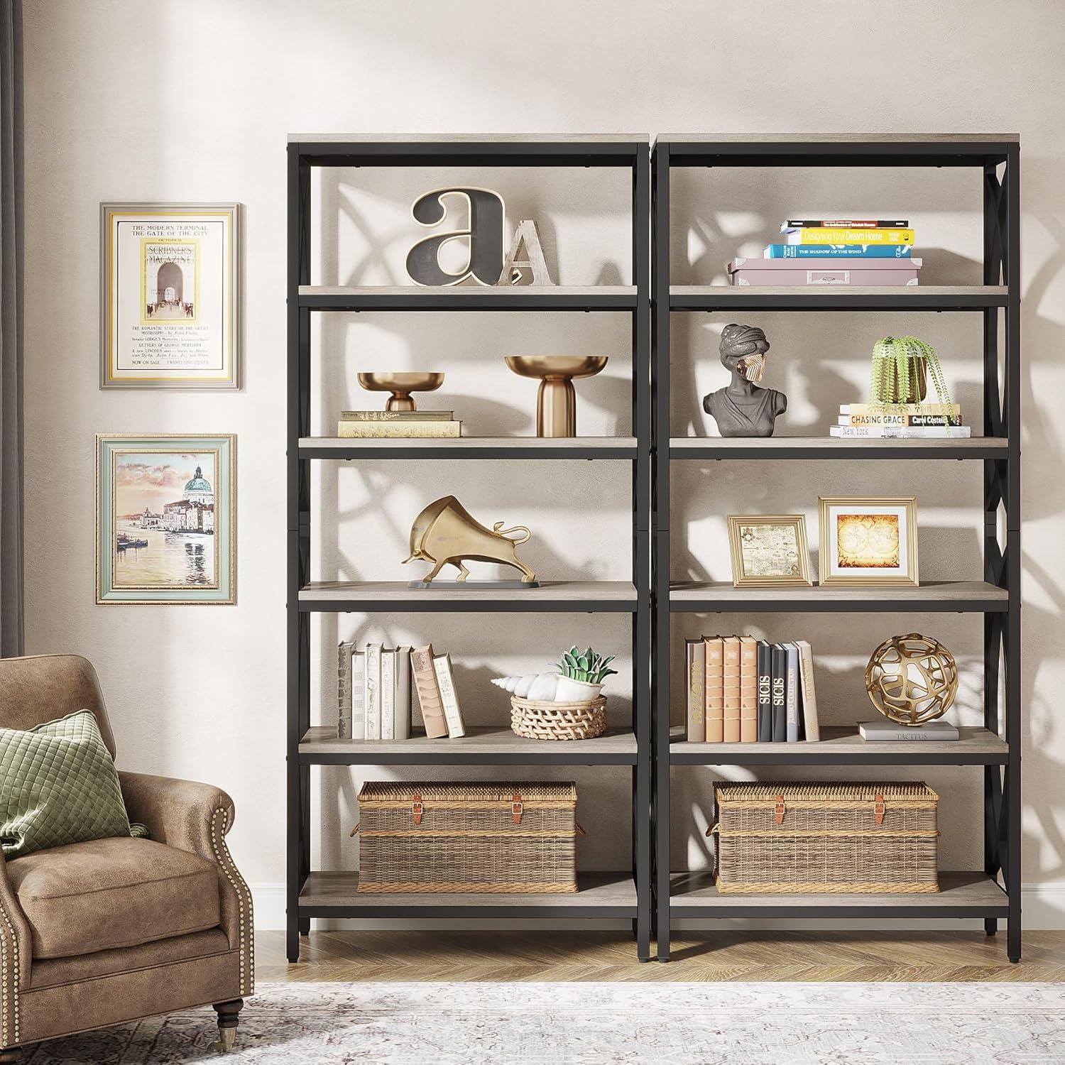 Gray Wood and Metal 6-Tier Bookshelf Set of 2