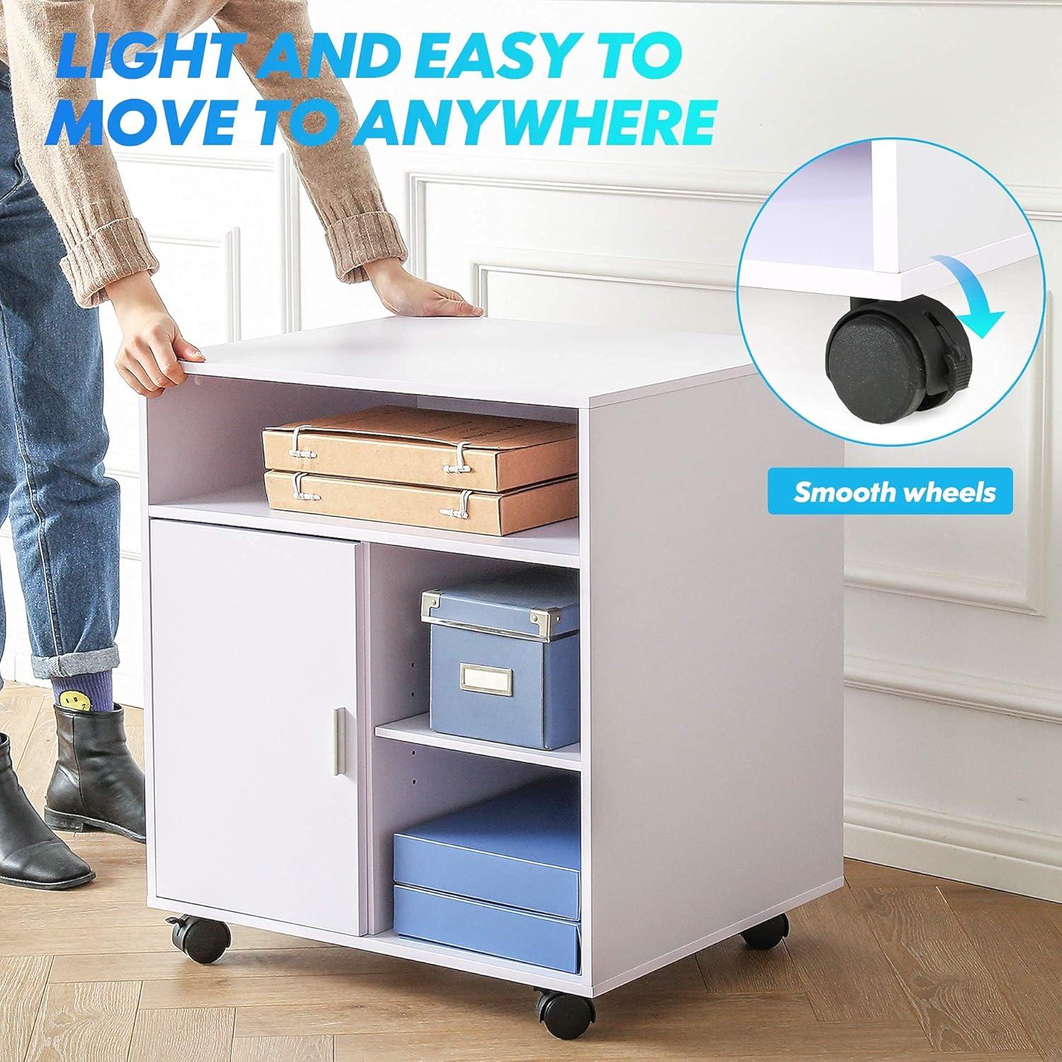 White Wood Mobile Printer Stand with Adjustable Shelves