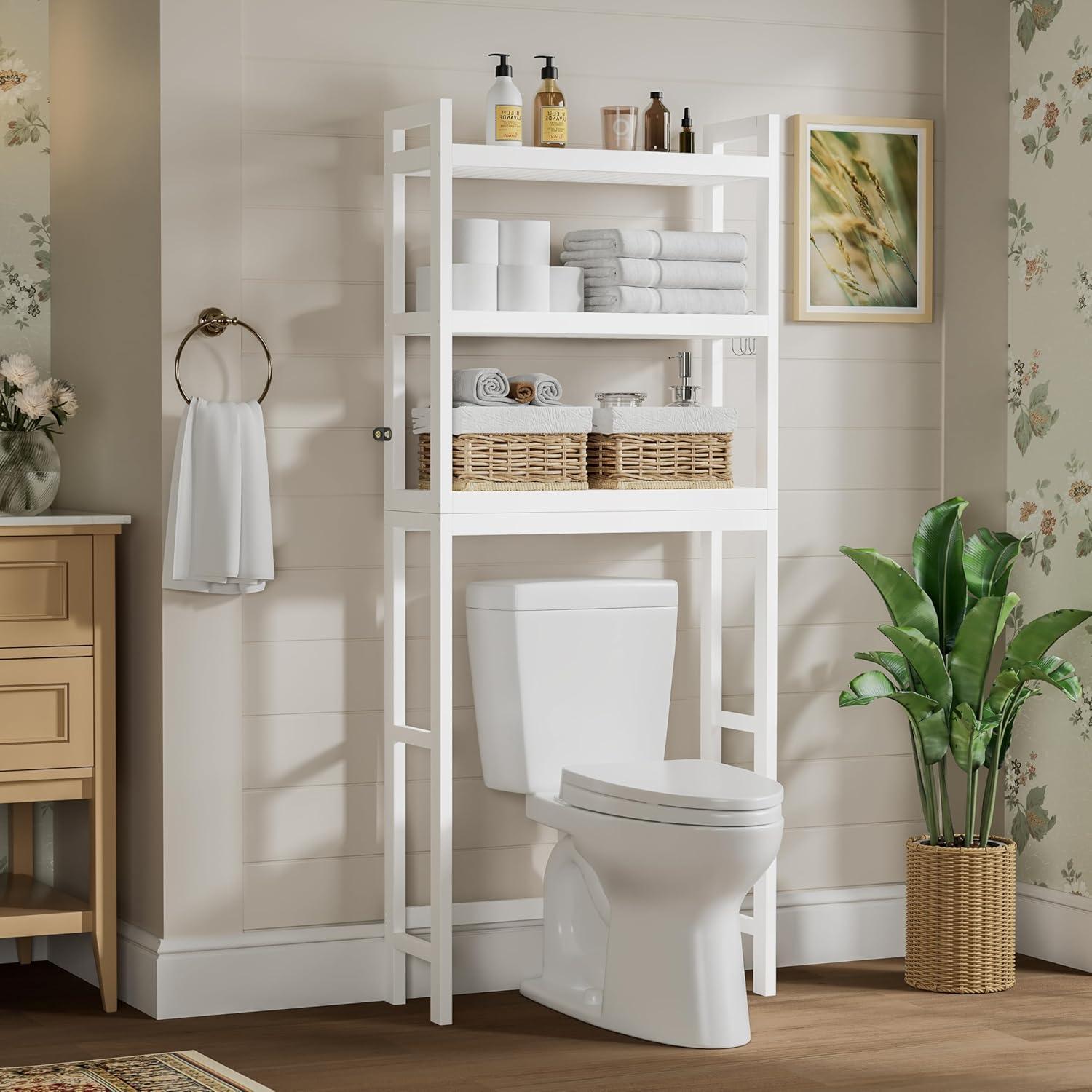 Over The Toilet Storage, 3-Tier Bathroom Organizer Over Toilet with Sturdy Bamboo Shelves,Multifunctional Toilet Shelf,Easy to Assemble and Saver Space, 25 * 10 * 64 Inches, White