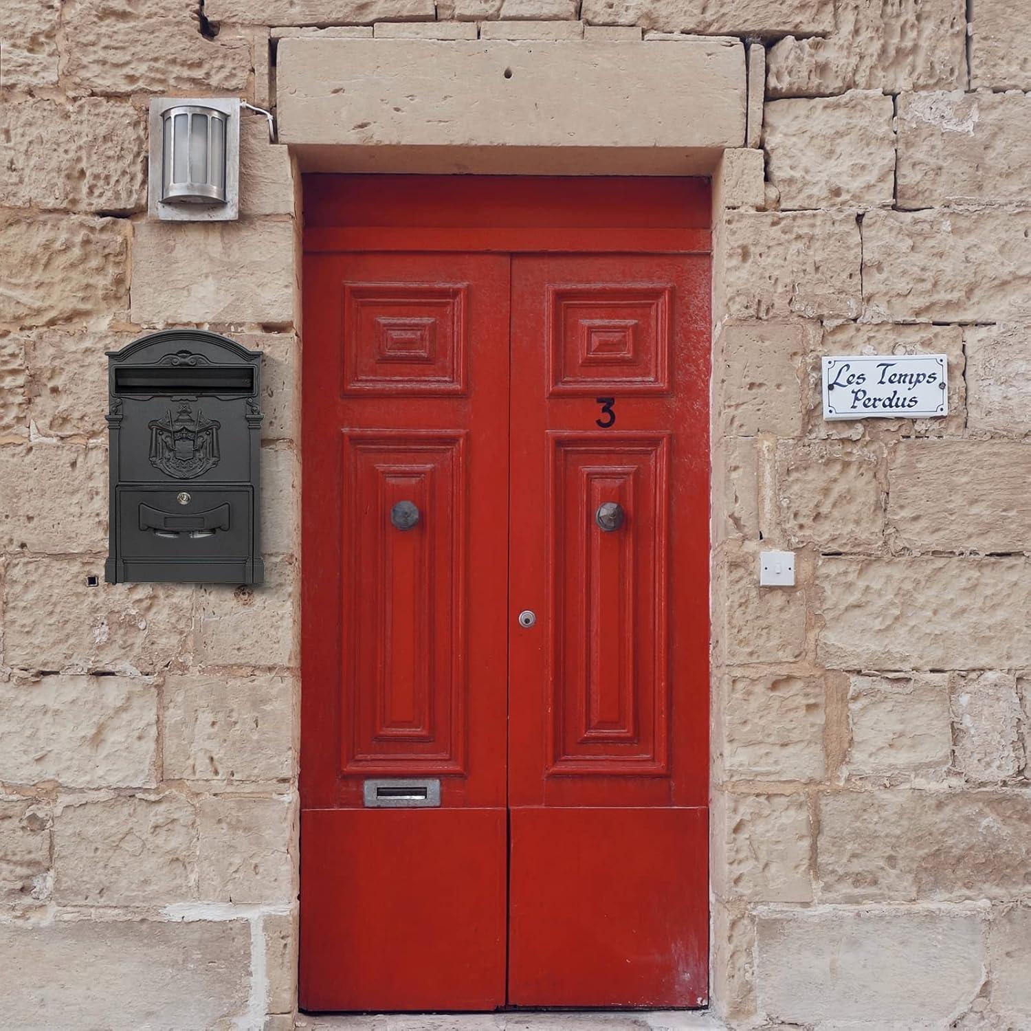 Wall Mount Mailboxes, Rust Resistant Locking Wall Mailbox for Outside, Galvanized Steel and Aluminum Stamping Process, Vintage Mailbox with Key Lock Large Capacity Outdoor Decoration, Black