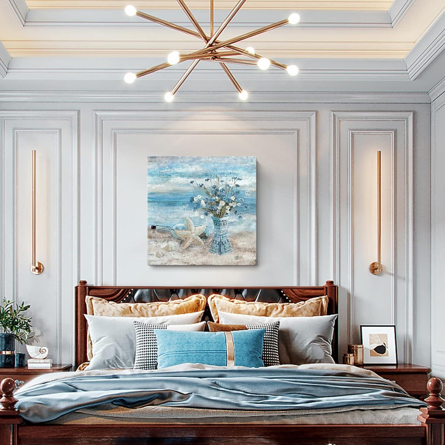 Beach Wall Art for Living Room Blue Ocean Theme Canvas Print Modern Abstract Coastal Picture Seascape Painting Daisy Flower in Indian Vase Framed Artwork for Seaside Bedroom Bathroom Office 24x24inch