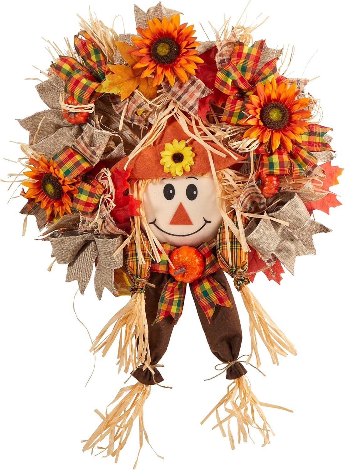 Nearly Natural 30” Scarecrow Fall Artificial Autumn Wreath with Sunflower, Pumpkin and Decorative Bows