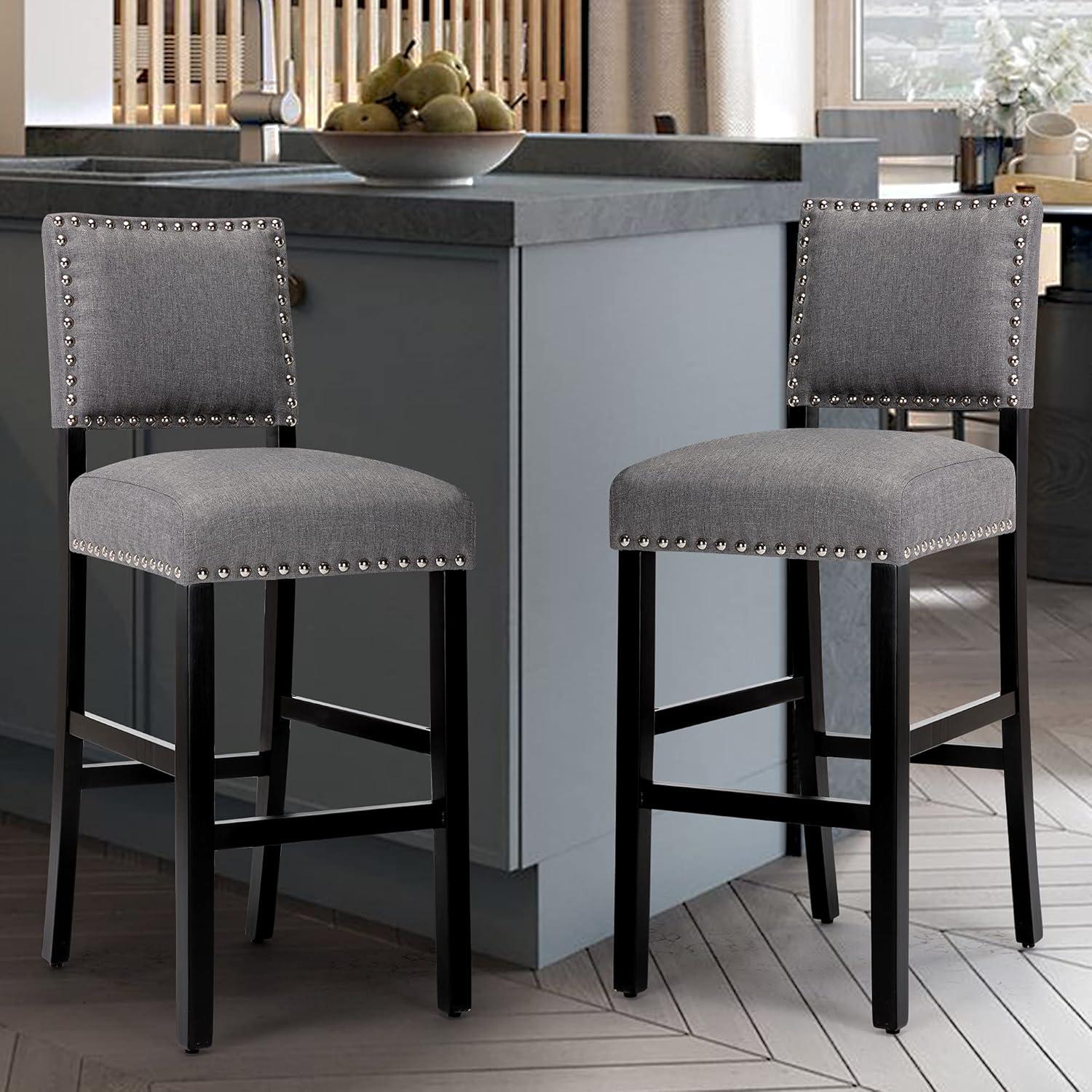 Gray Linen Upholstered Bar Stools with Nailhead Trim, Set of 2