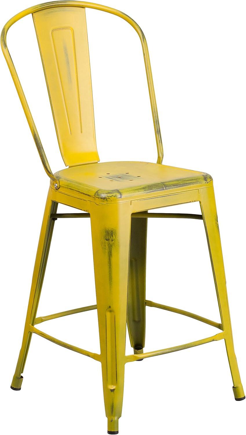 Flash Furniture Commercial Grade 24" High Distressed Yellow Metal Indoor-Outdoor Counter Height Stool with Back