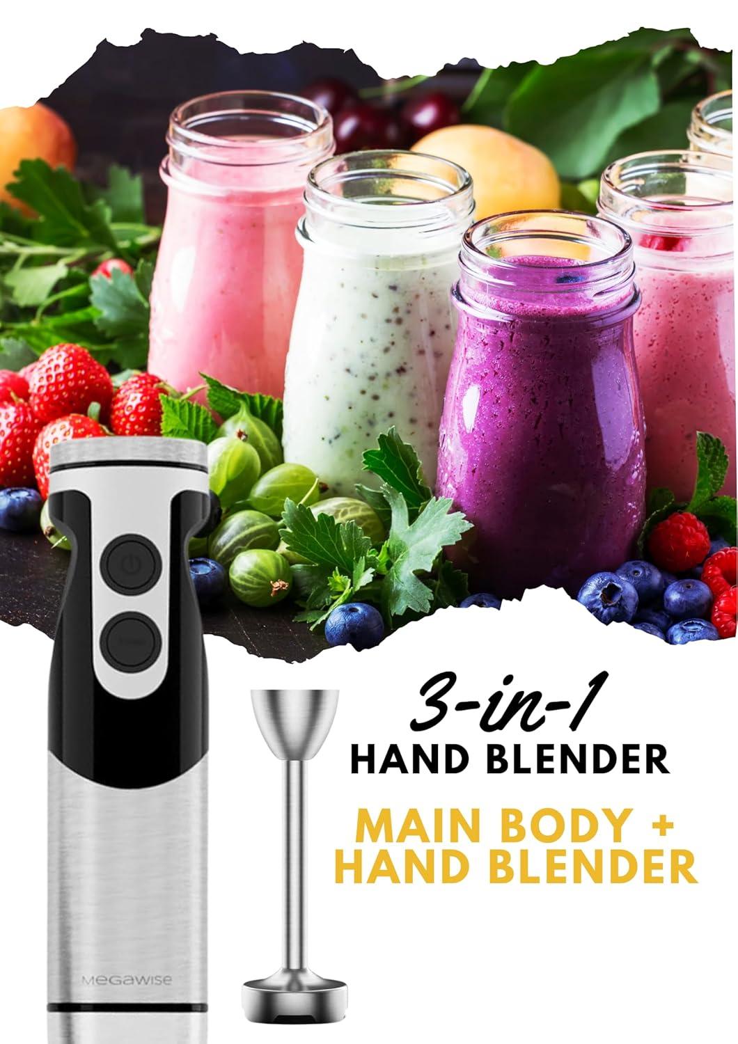 MegaWise Stainless Steel Titanium Reinforced 3-in-1 Immersion Hand Blender, Powerful with 80% Sharper Blades, 12-Speed Corded Blender, Including Whisk and Milk Frother (3-in 1 Black)