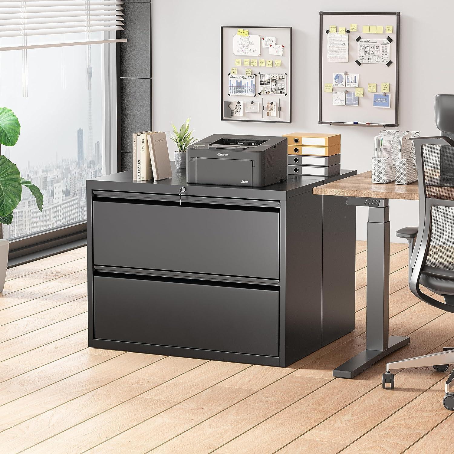 Black Metal 2-Drawer Lockable Lateral Filing Cabinet