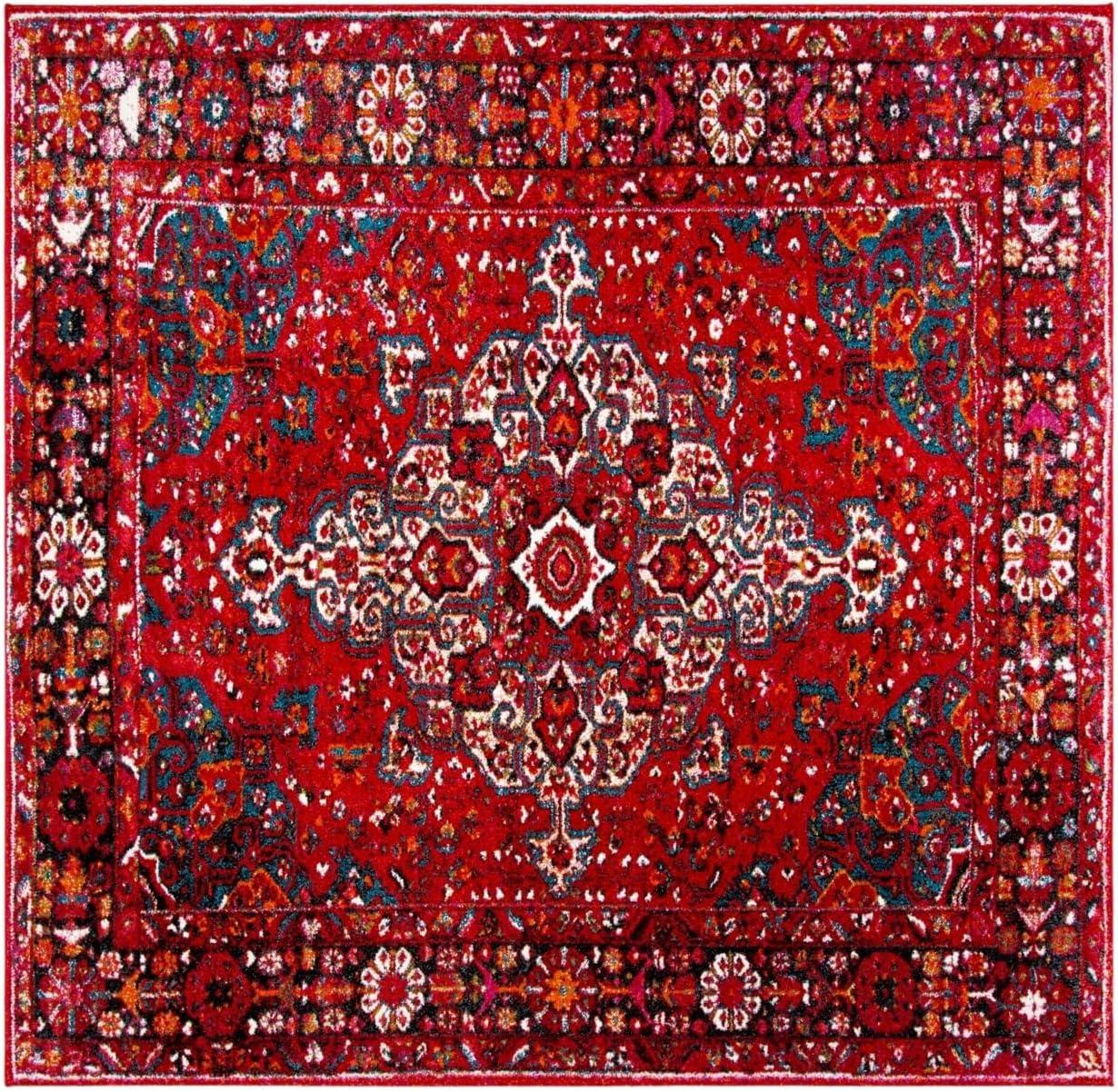 Handmade Red Floral Synthetic Square Area Rug, 3' x 3'